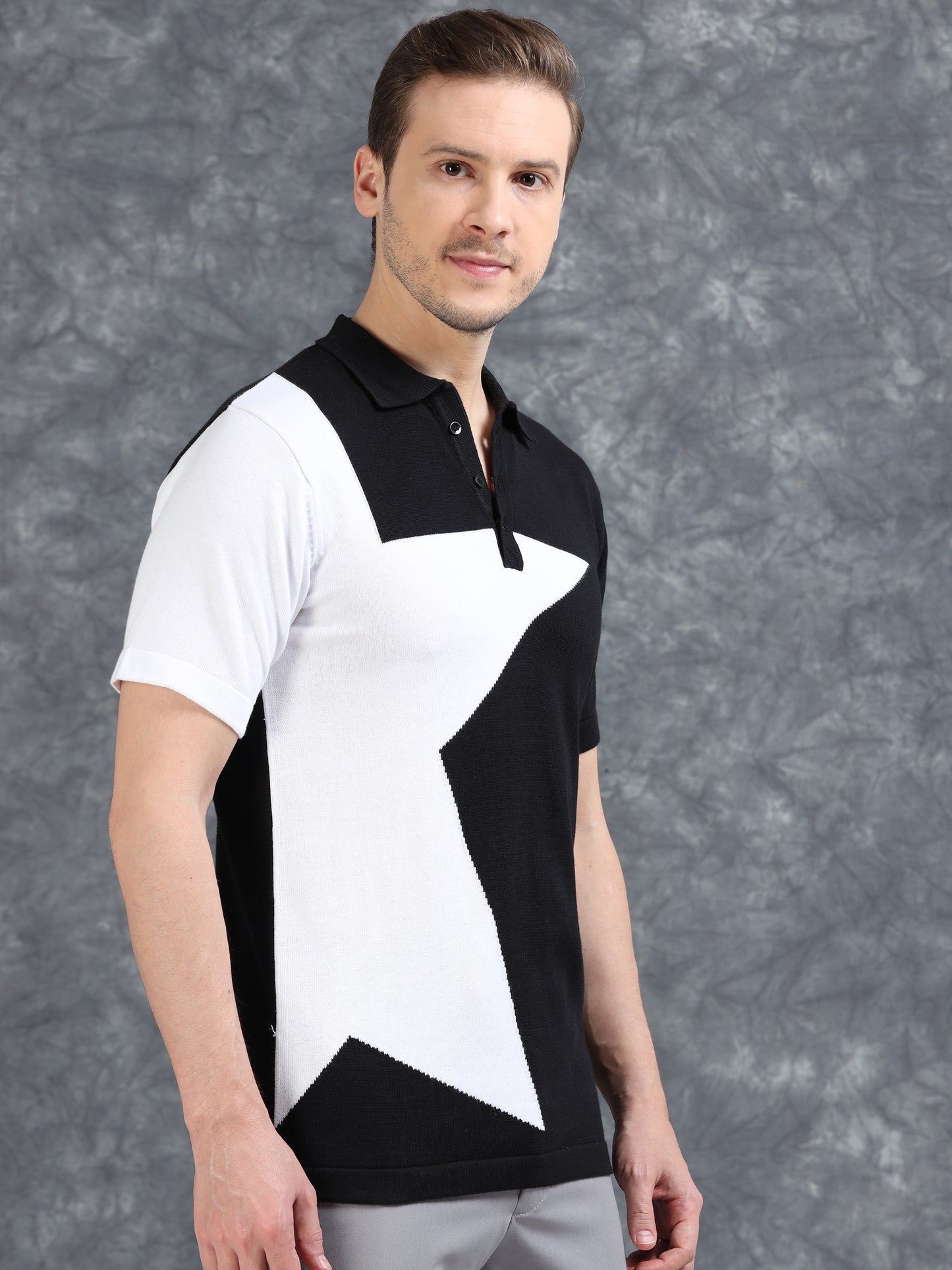 Half Star Design Polo T-Shirt Black