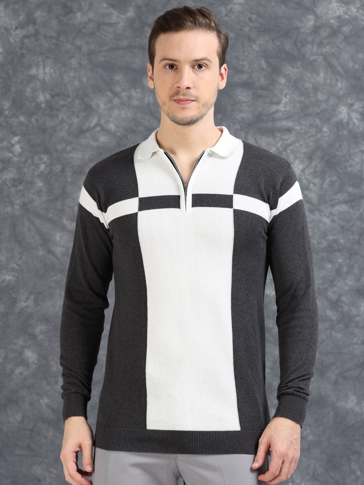 Pannel Design Full Sleeve Zipper Polo - Grey
