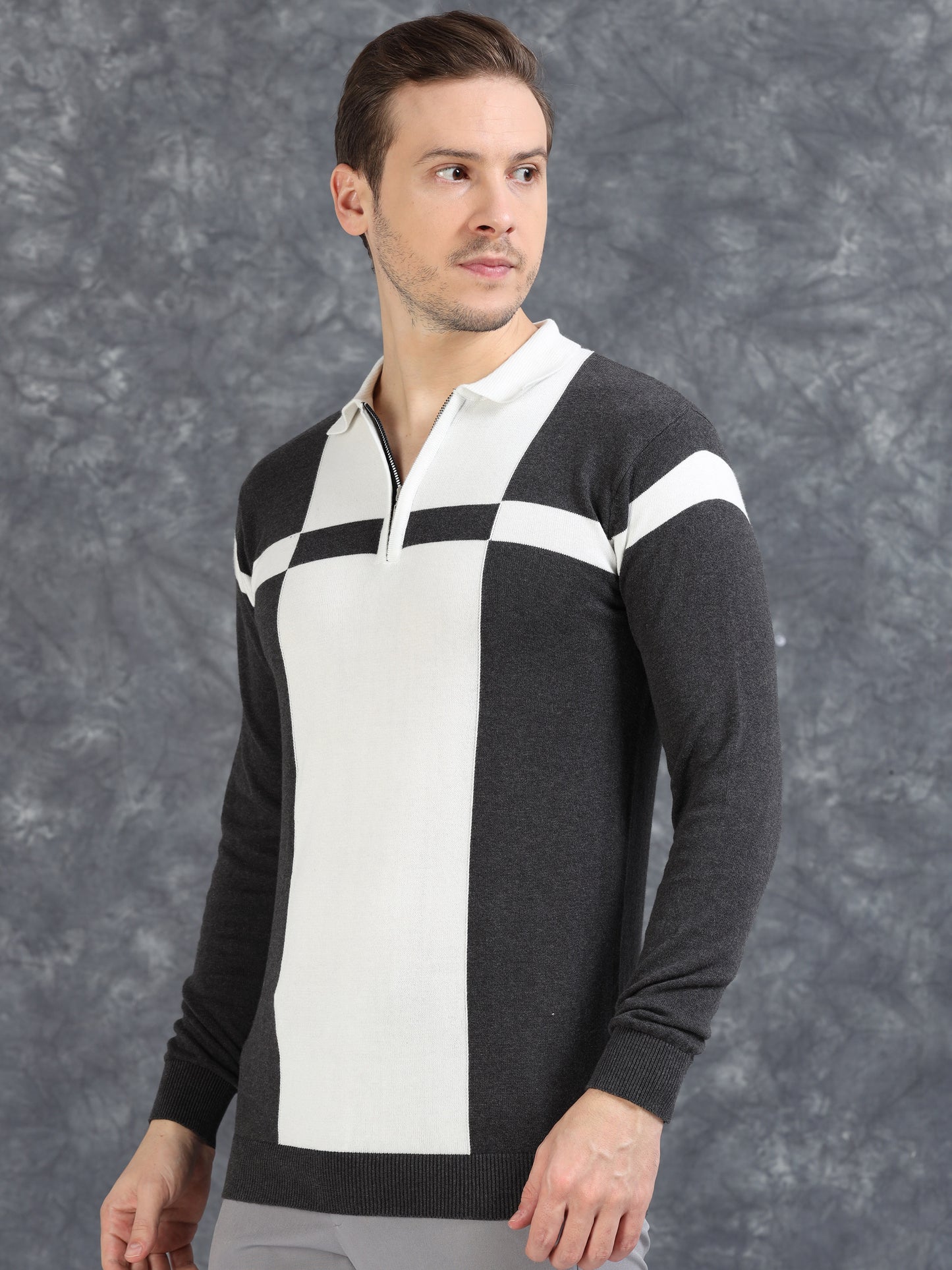 Pannel Design Full Sleeve Zipper Polo - Grey