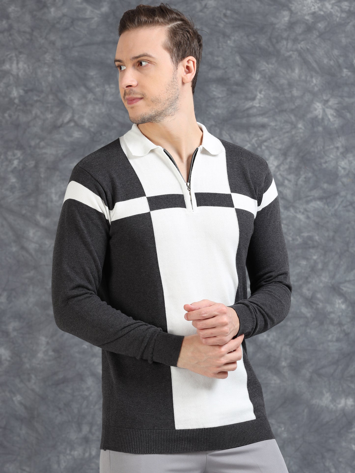 Pannel Design Full Sleeve Zipper Polo - Grey