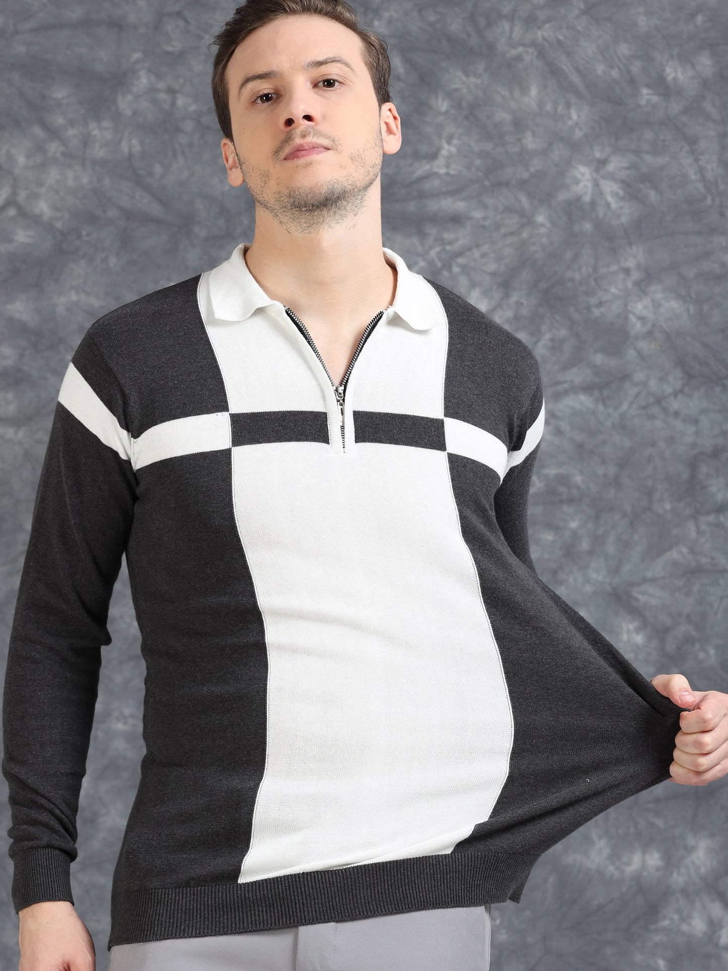 Pannel Design Full Sleeve Zipper Polo - Grey