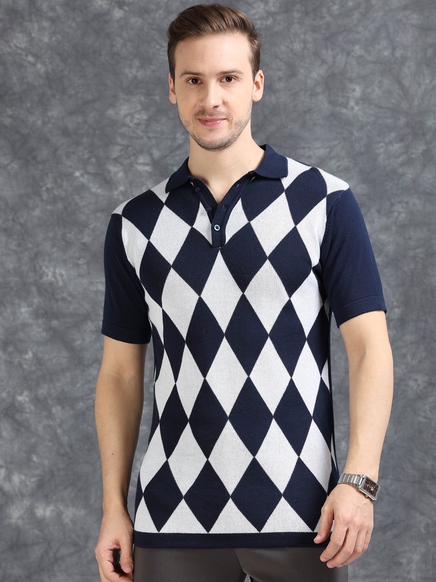 Navy Diamond Design Polo T-shirt