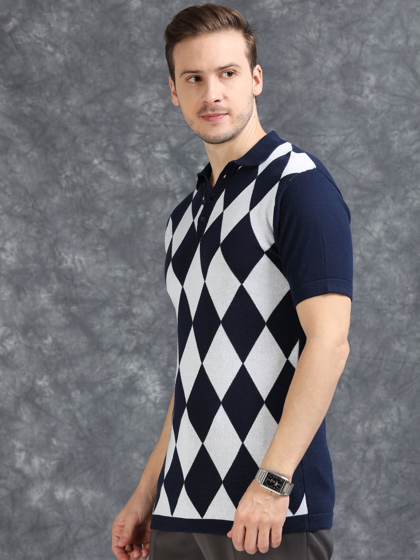 Navy Diamond Design Polo T-shirt