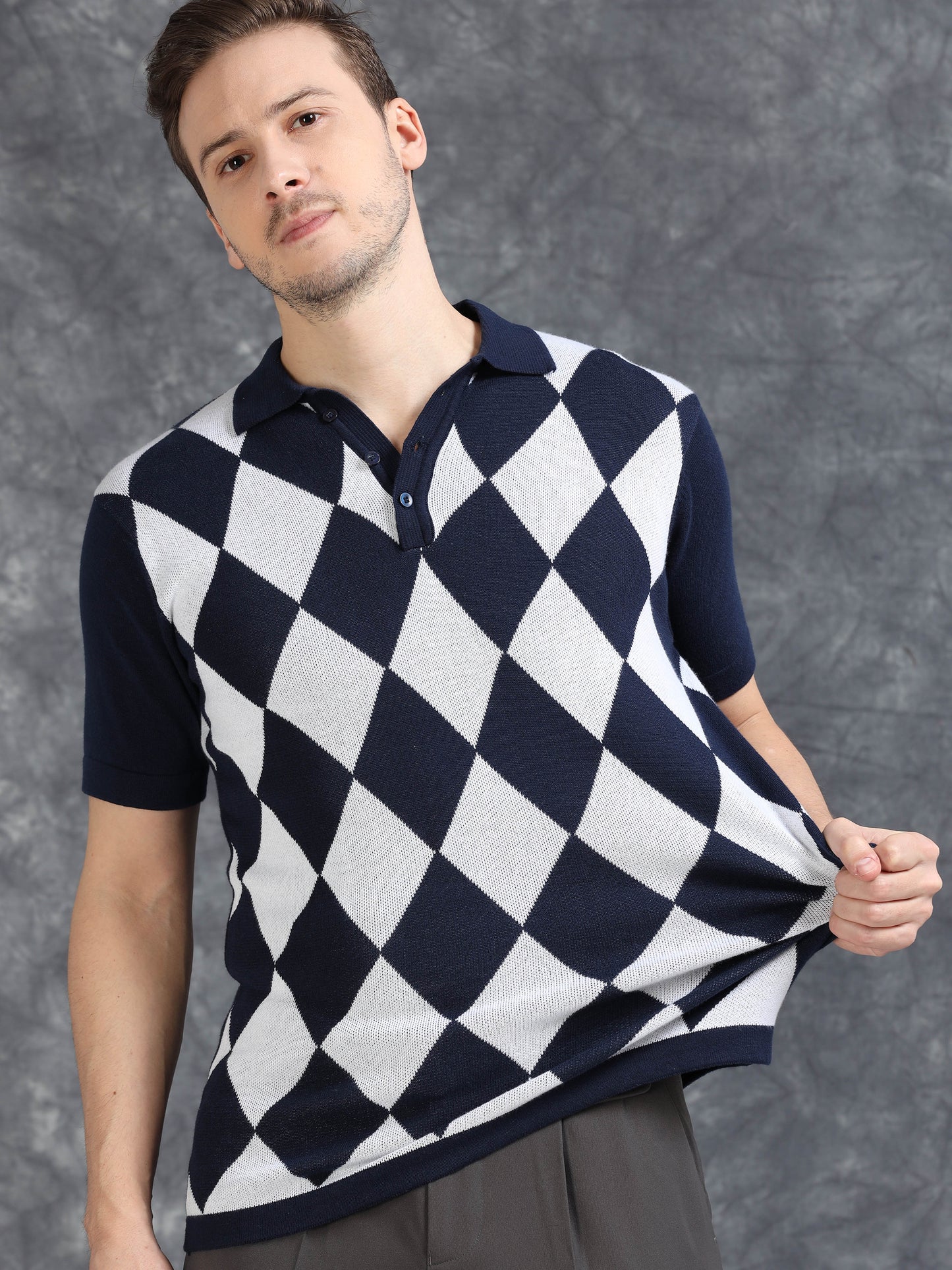 Navy Diamond Design Polo T-shirt