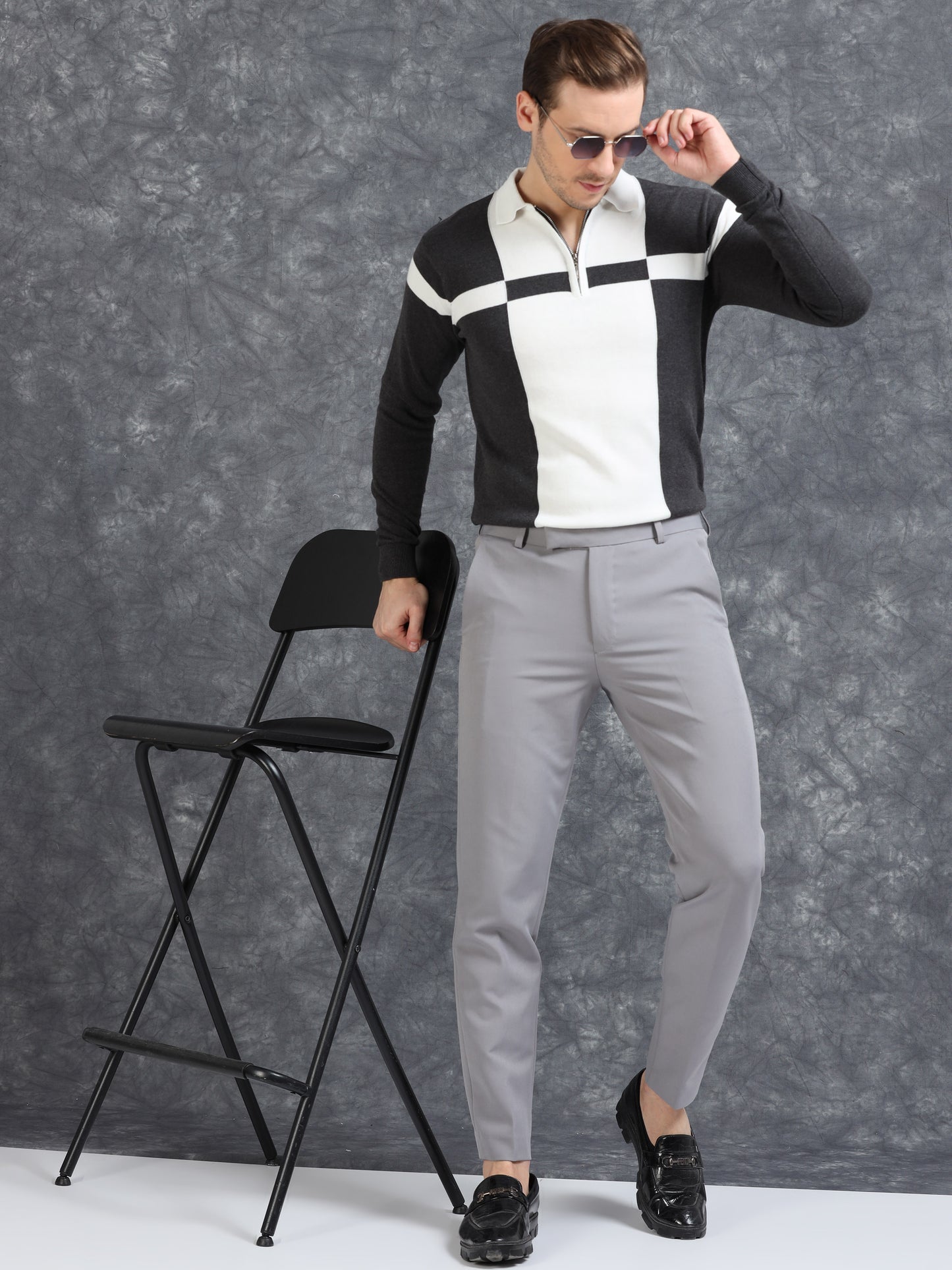 Pannel Design Full Sleeve Zipper Polo - Grey