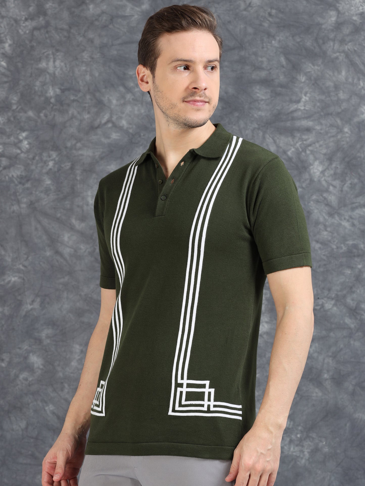 Boxy Line Design Polo T-Shirt - Green