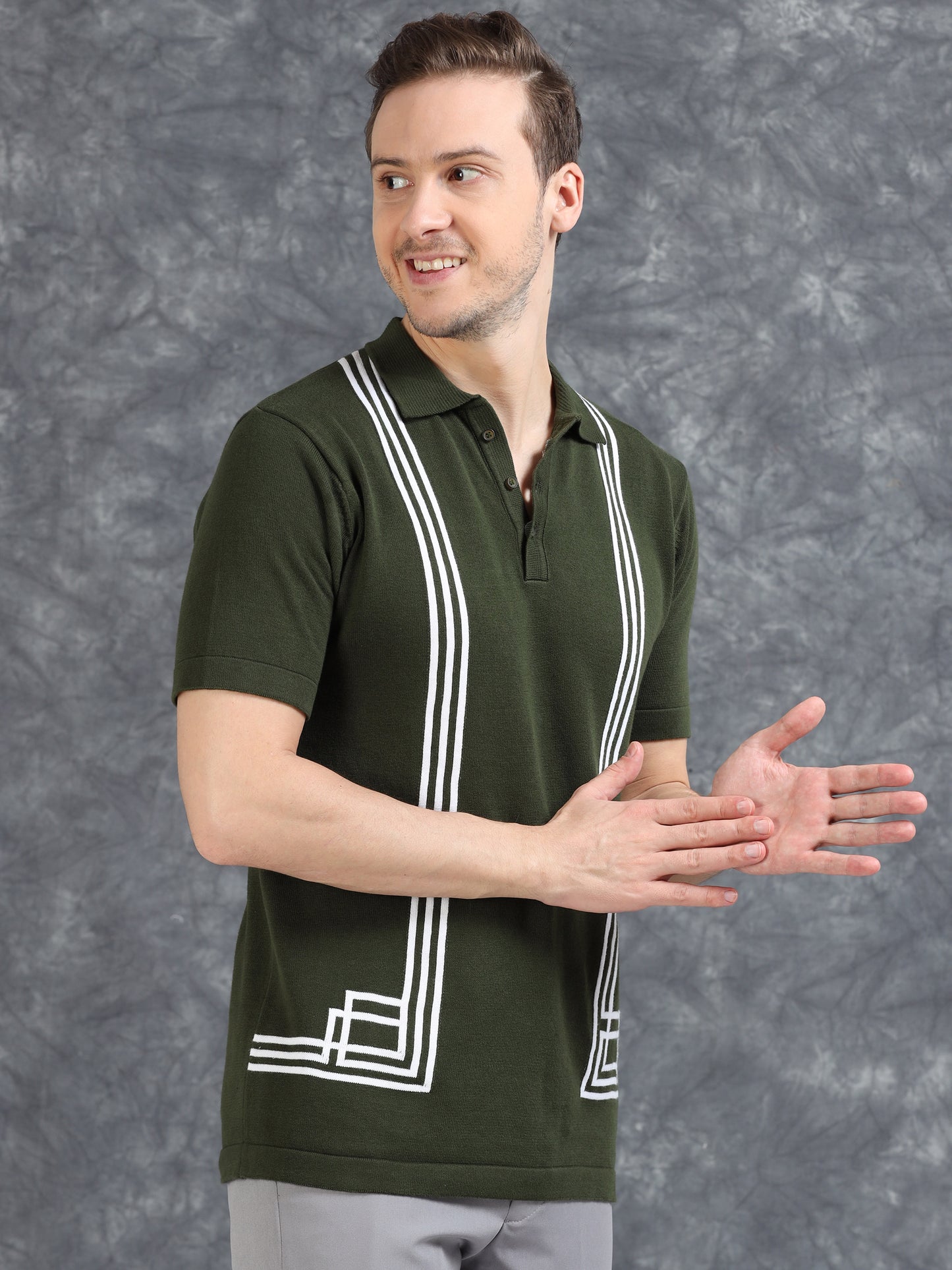 Boxy Line Design Polo T-Shirt - Green