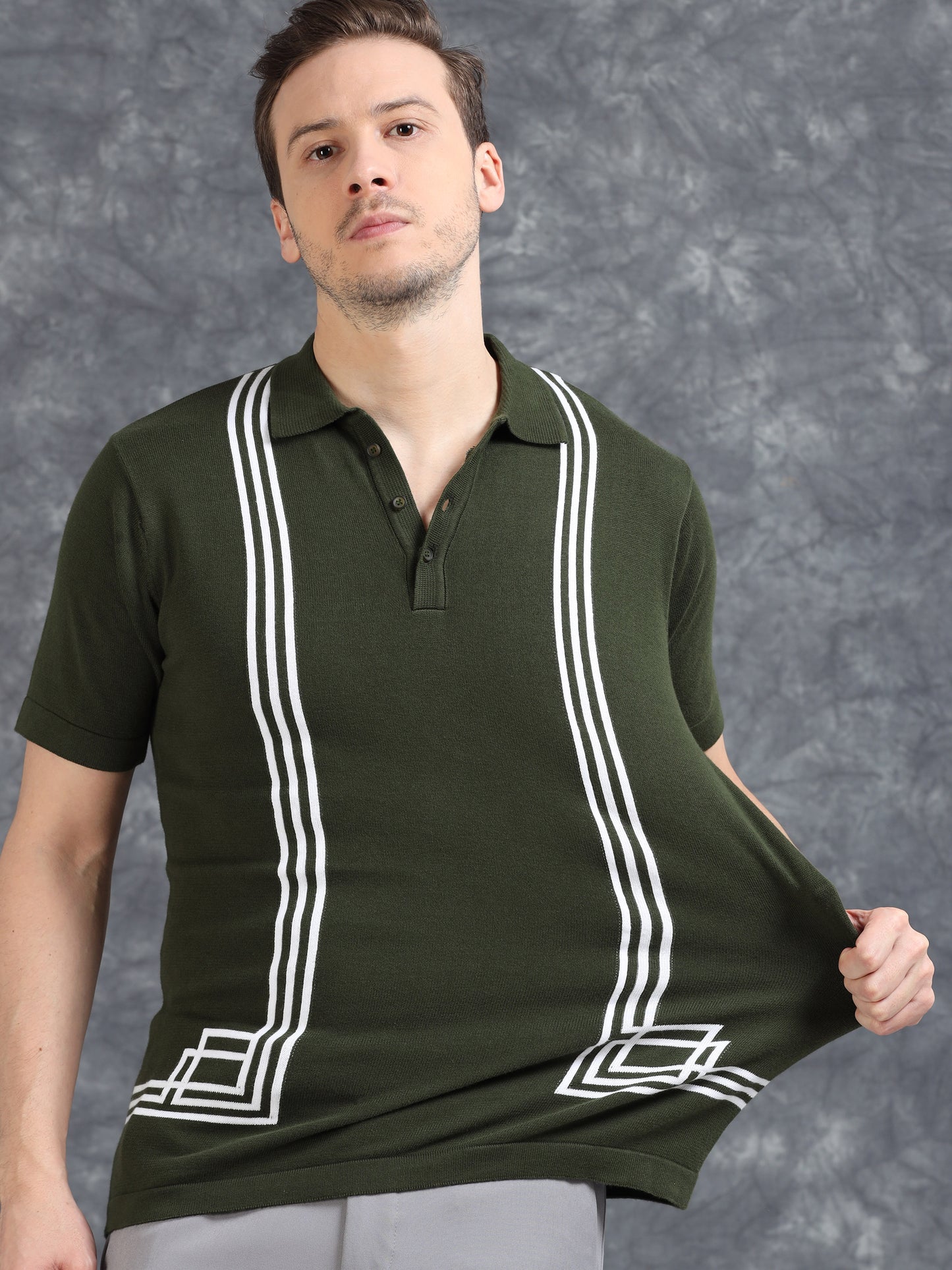 Boxy Line Design Polo T-Shirt - Green