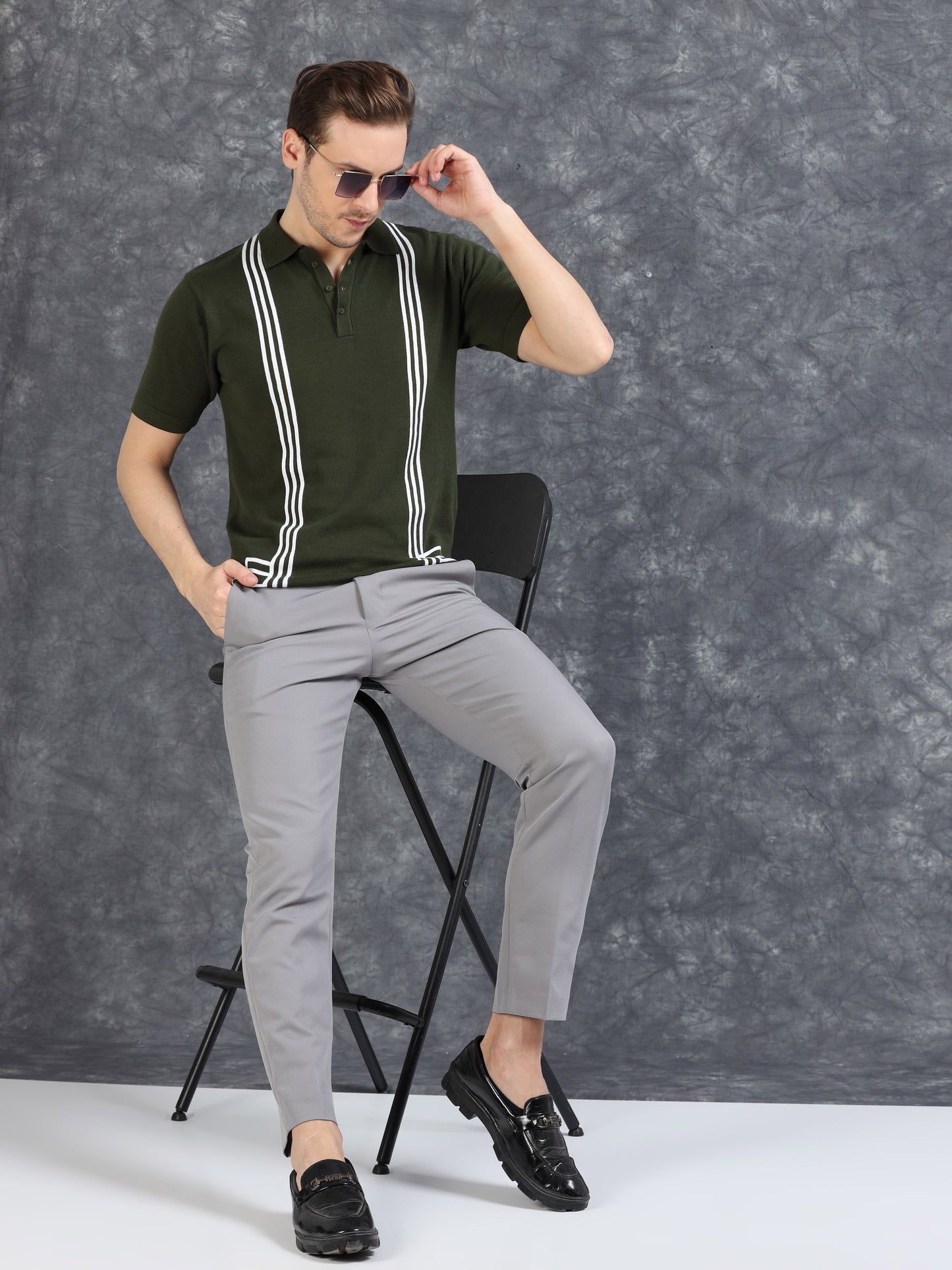 Boxy Line Design Polo T-Shirt - Green