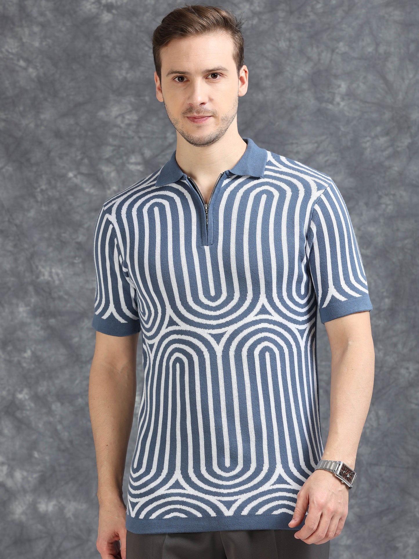Blue Curve Lines Design Polo T-shirt