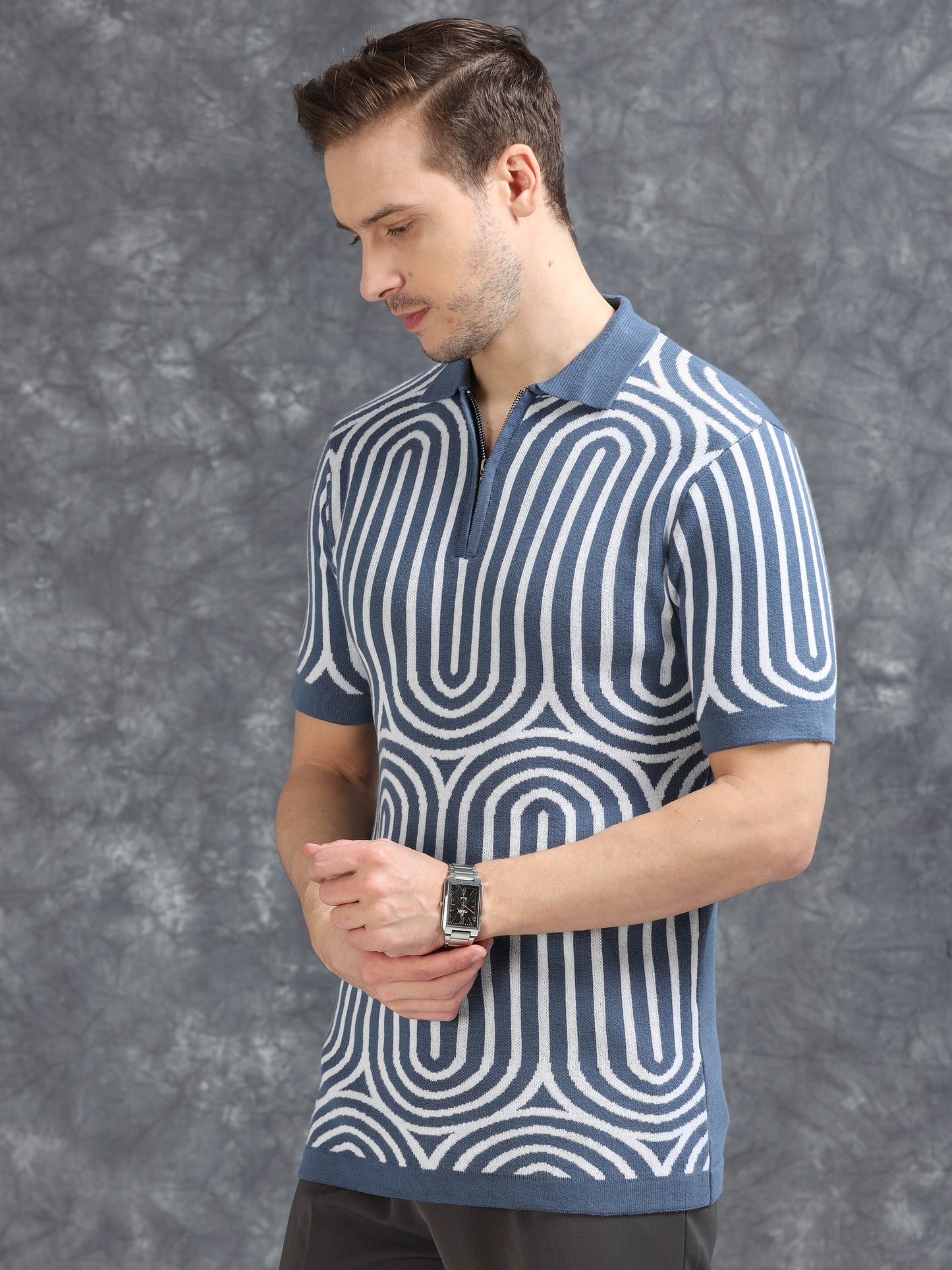 Blue Curve Lines Design Polo T-shirt