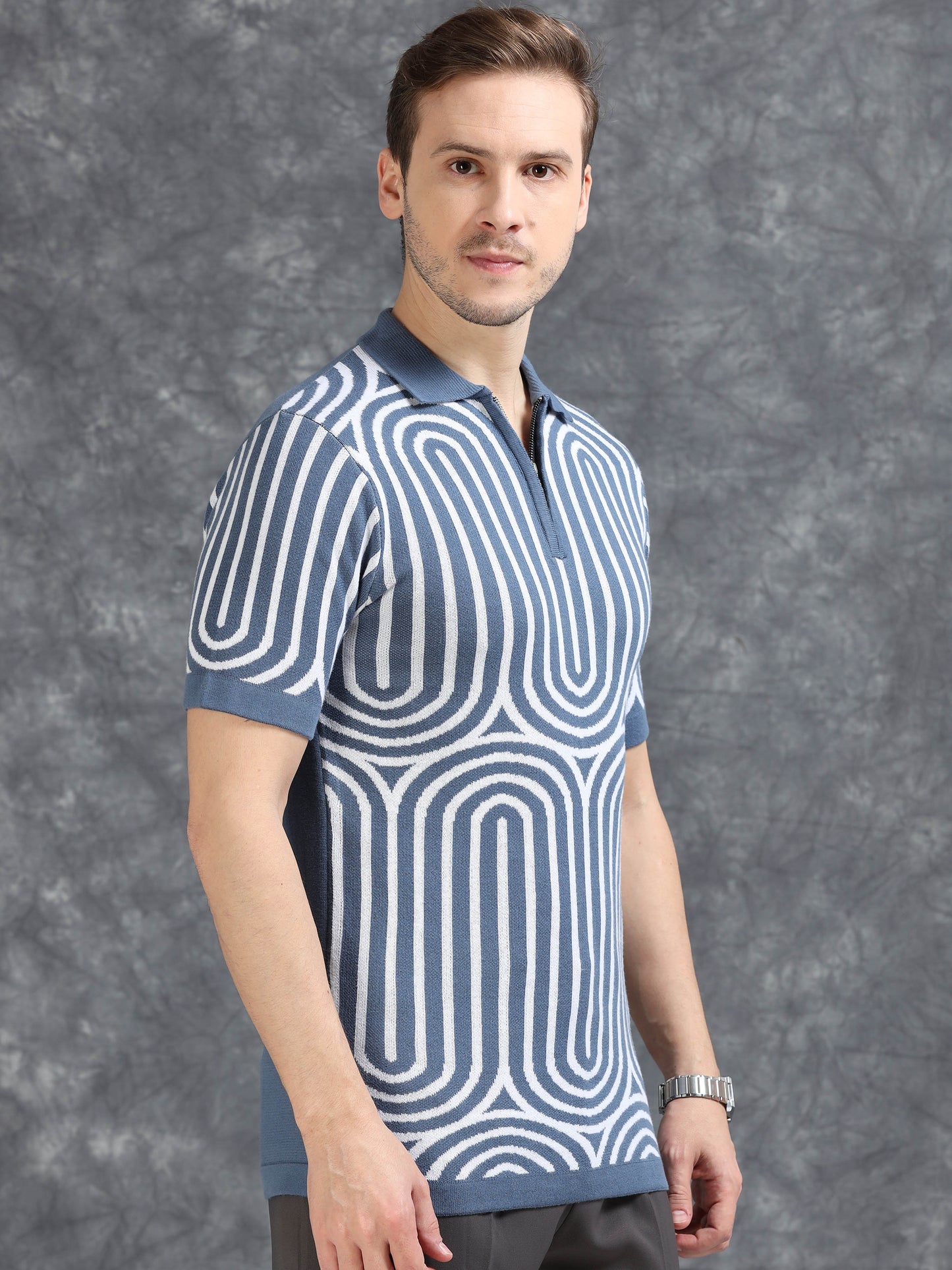 Blue Curve Lines Design Polo T-shirt