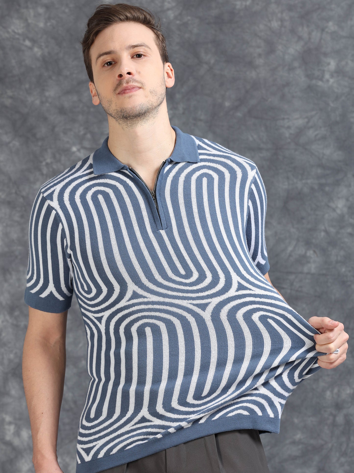 Blue Curve Lines Design Polo T-shirt