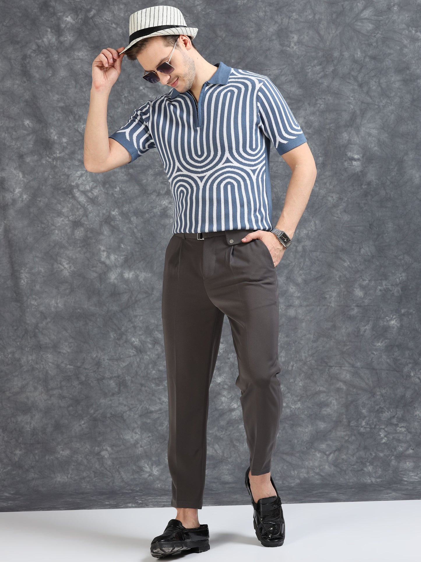 Blue Curve Lines Design Polo T-shirt