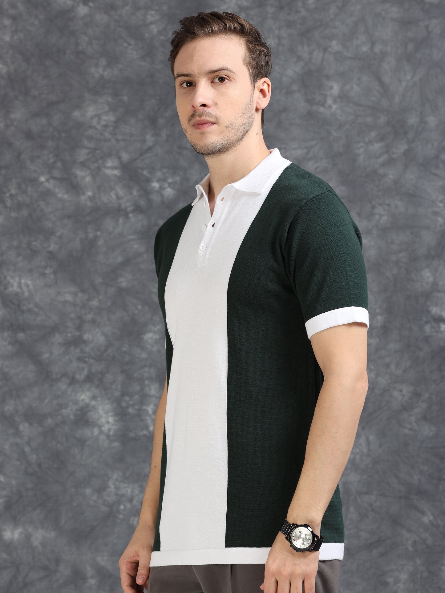 Dark Green Panel Design Polo T-Shirt