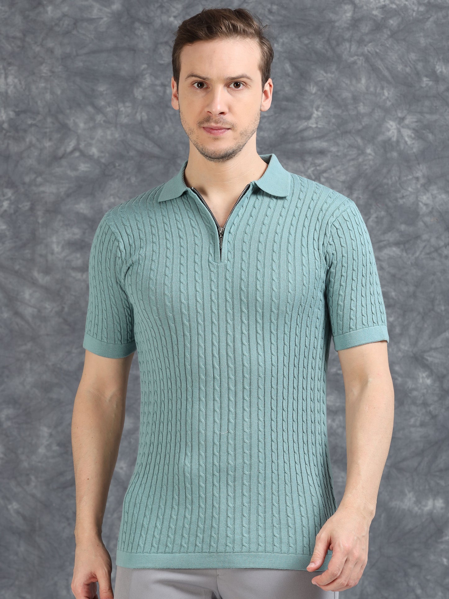 Ribbed Design Zipper Polo T-Shirt- Blue