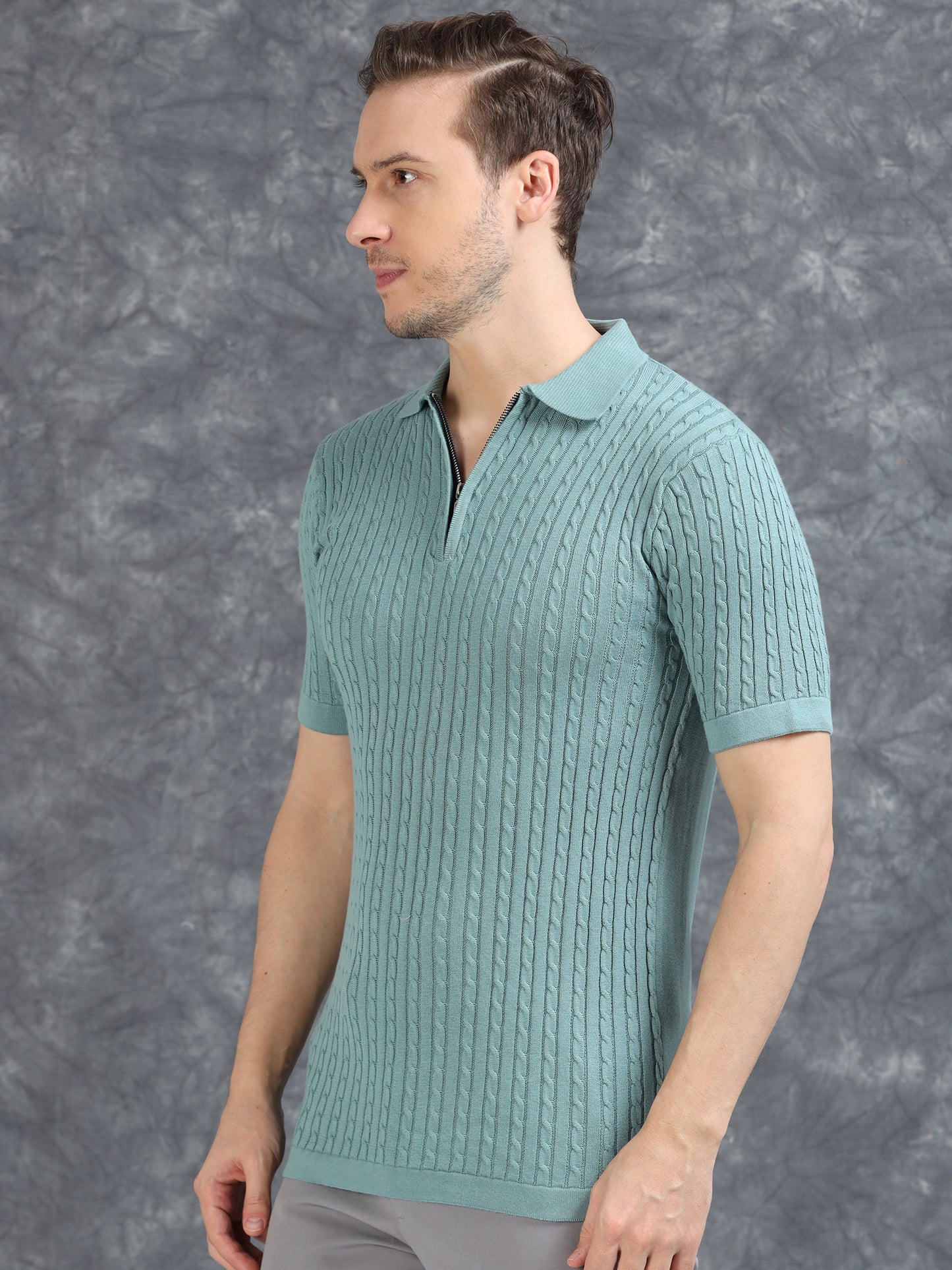 Ribbed Design Zipper Polo T-Shirt- Blue