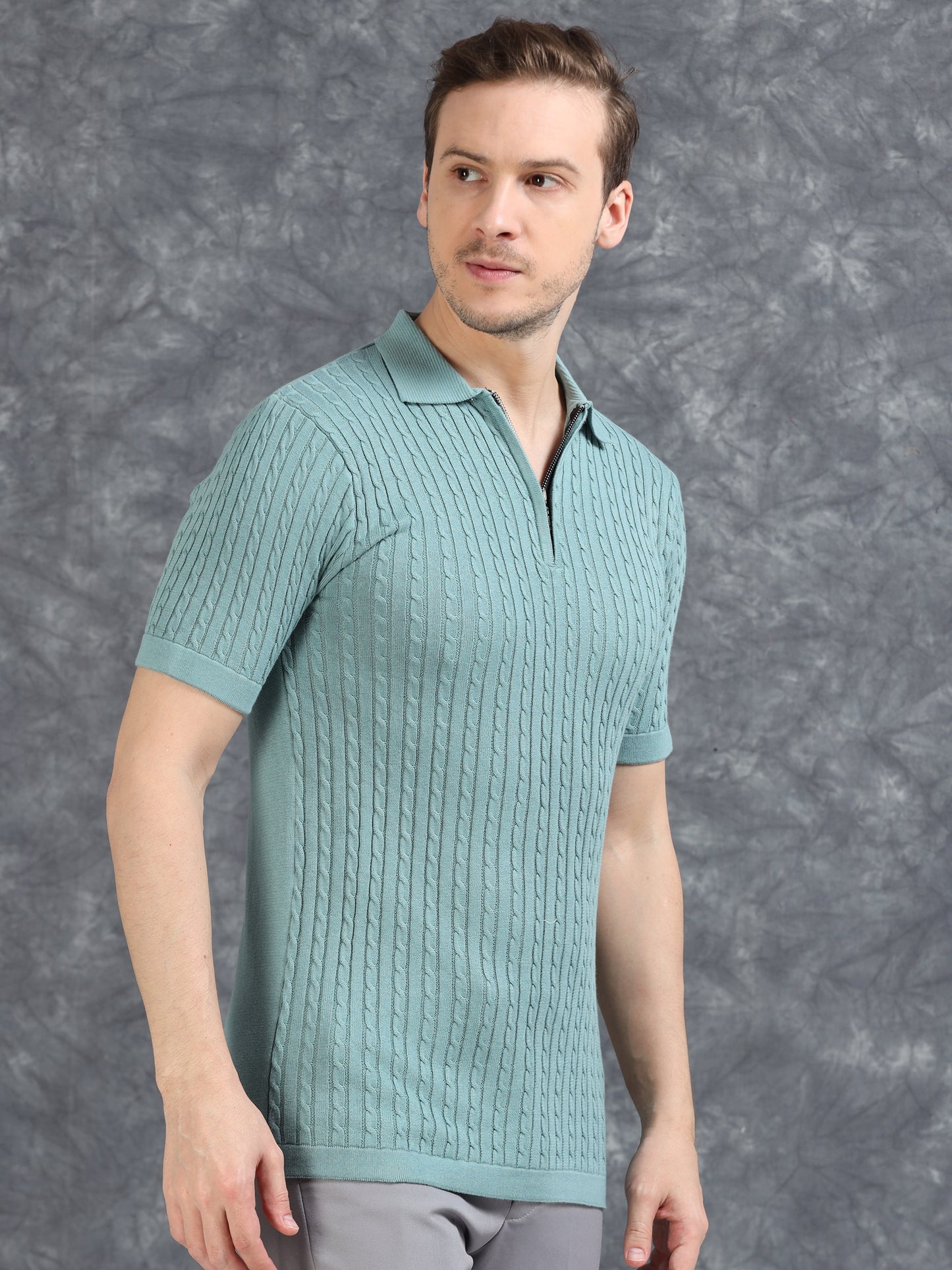 Ribbed Design Zipper Polo T-Shirt- Blue