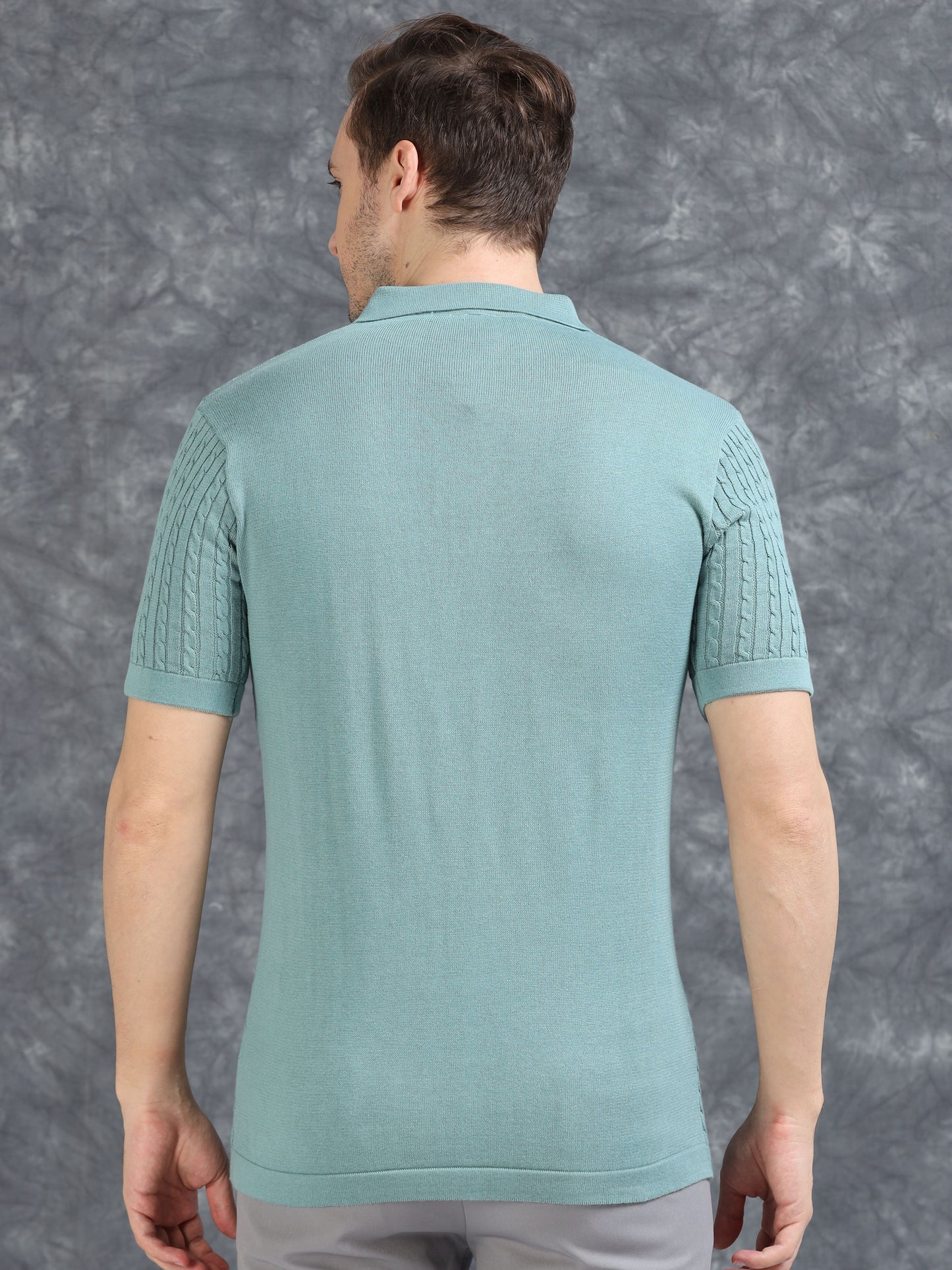 Ribbed Design Zipper Polo T-Shirt- Blue