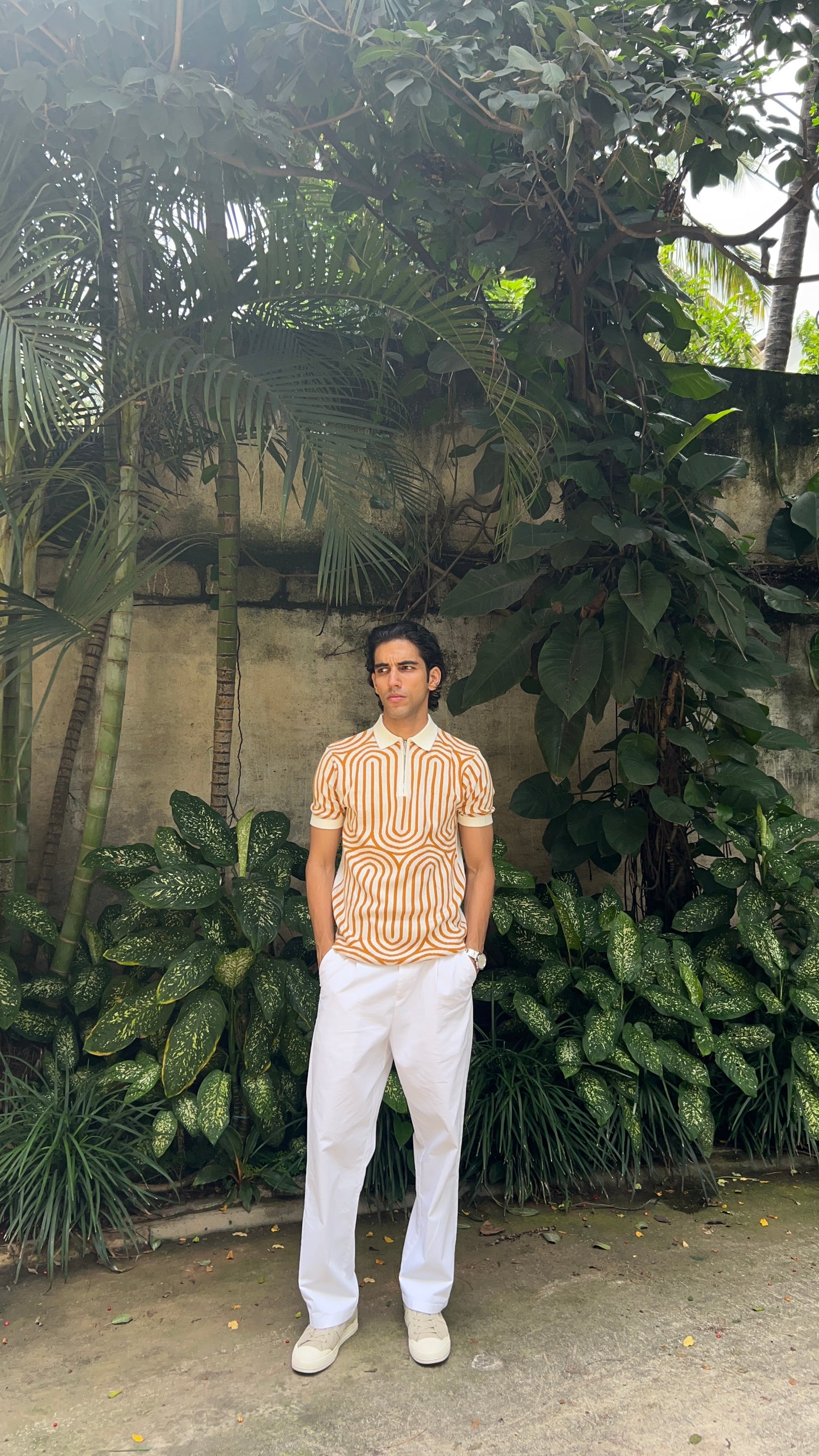 Regular Fit Geometric Pattern Polo T-Shirt - White & Mustard