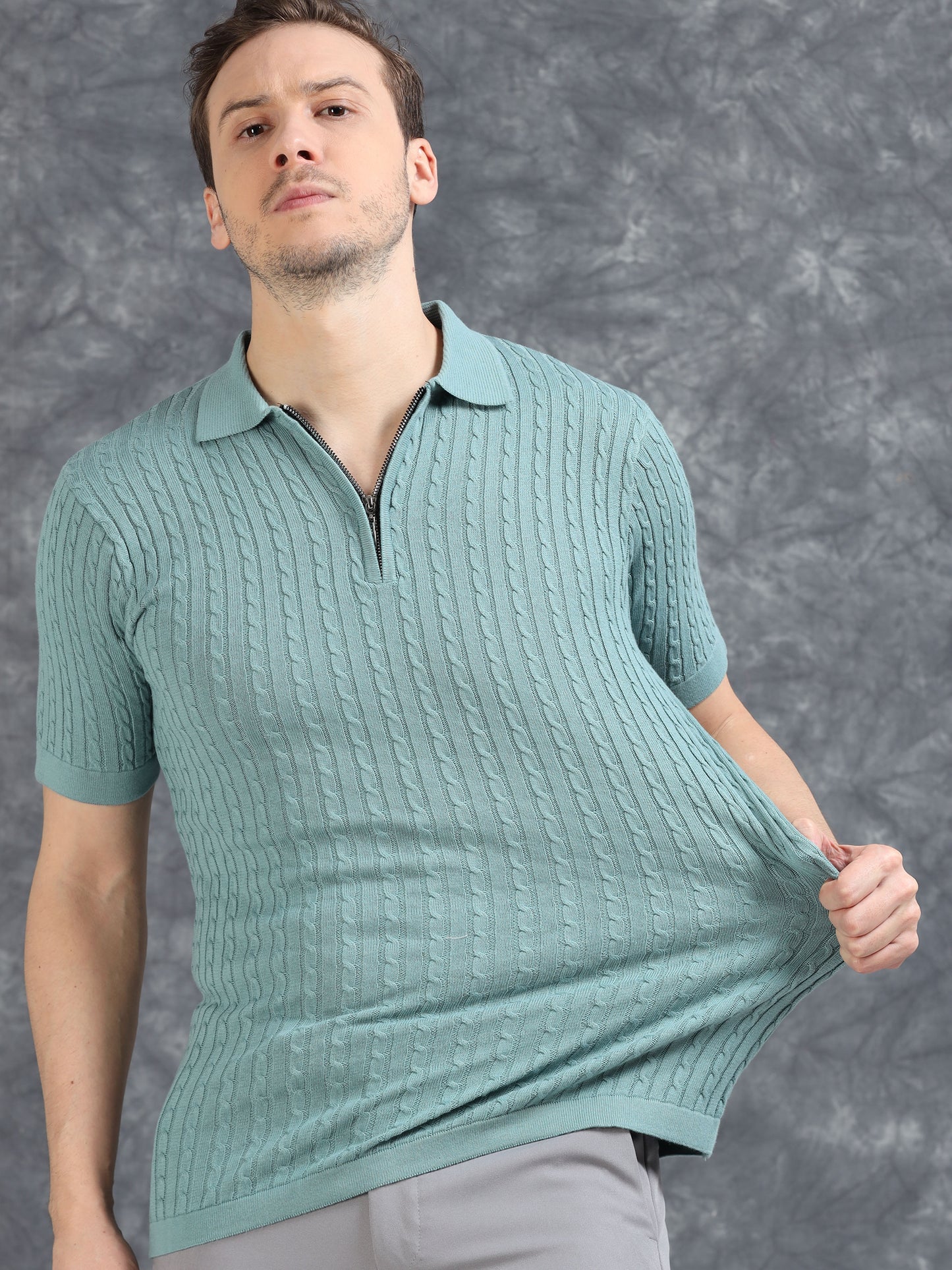 Ribbed Design Zipper Polo T-Shirt- Blue