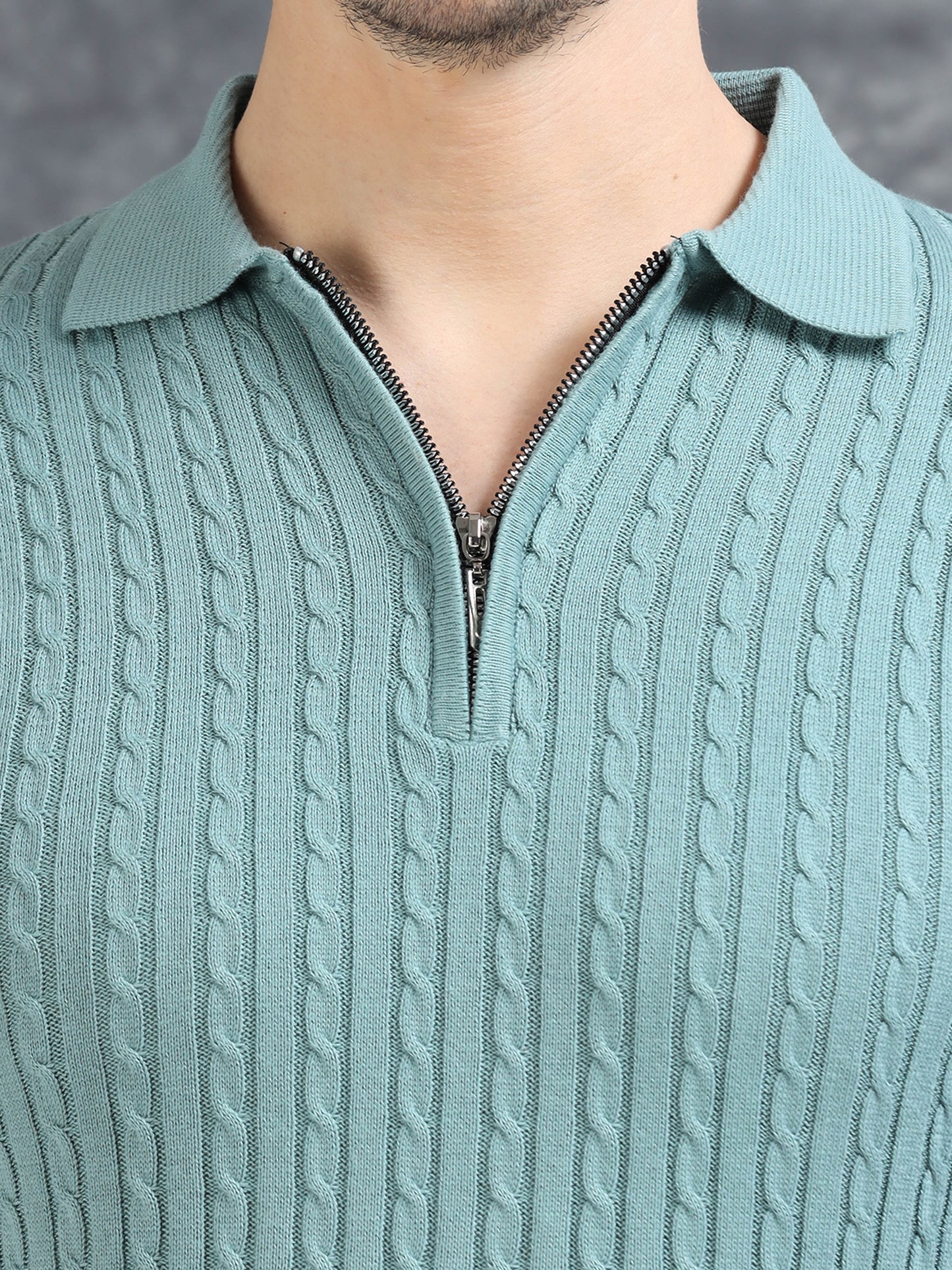 Ribbed Design Zipper Polo T-Shirt- Blue