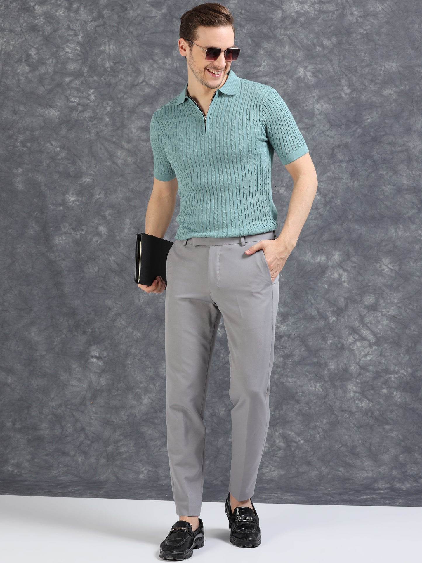 Ribbed Design Zipper Polo T-Shirt- Blue