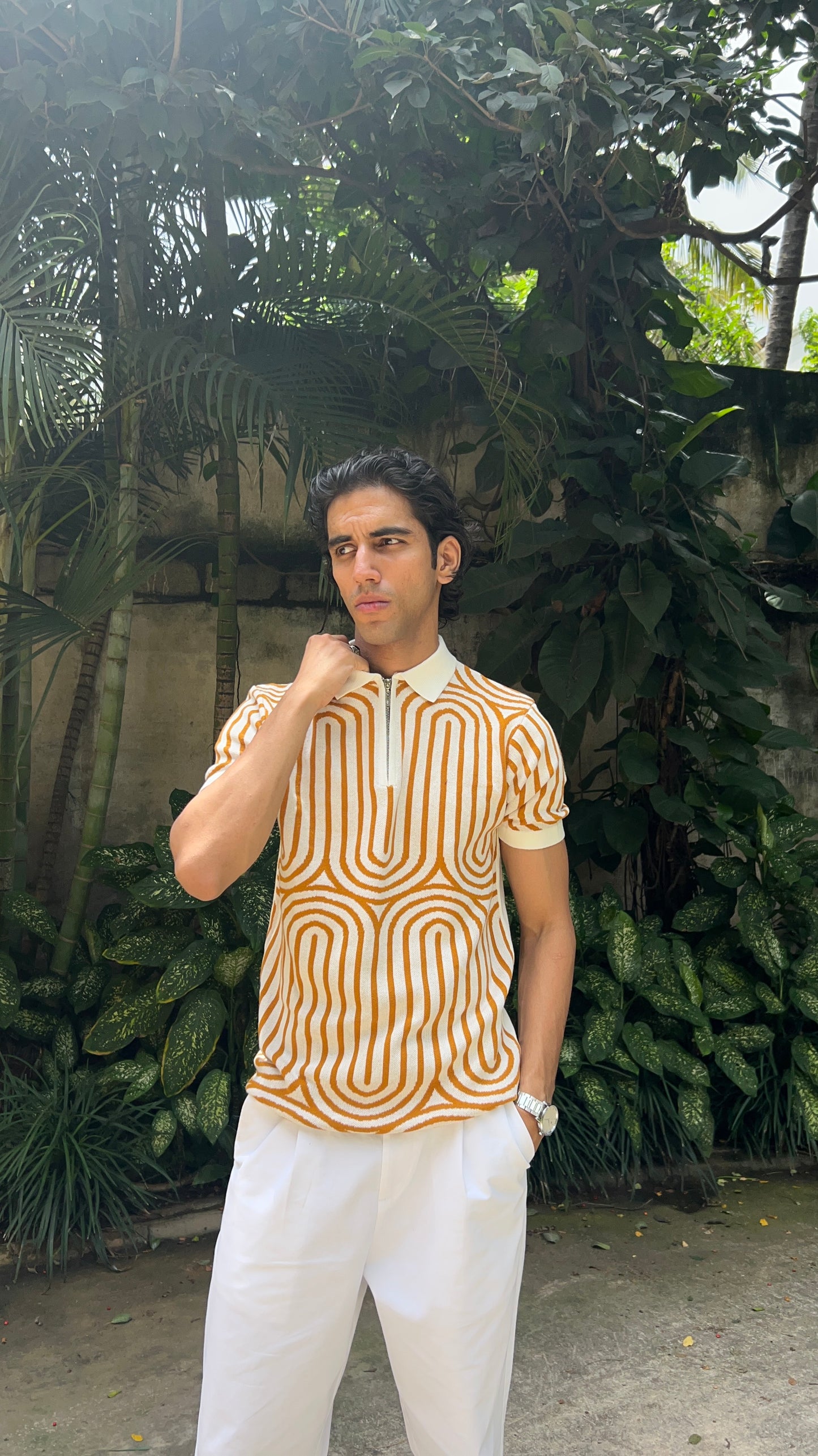 Regular Fit Geometric Pattern Polo T-Shirt - White & Mustard