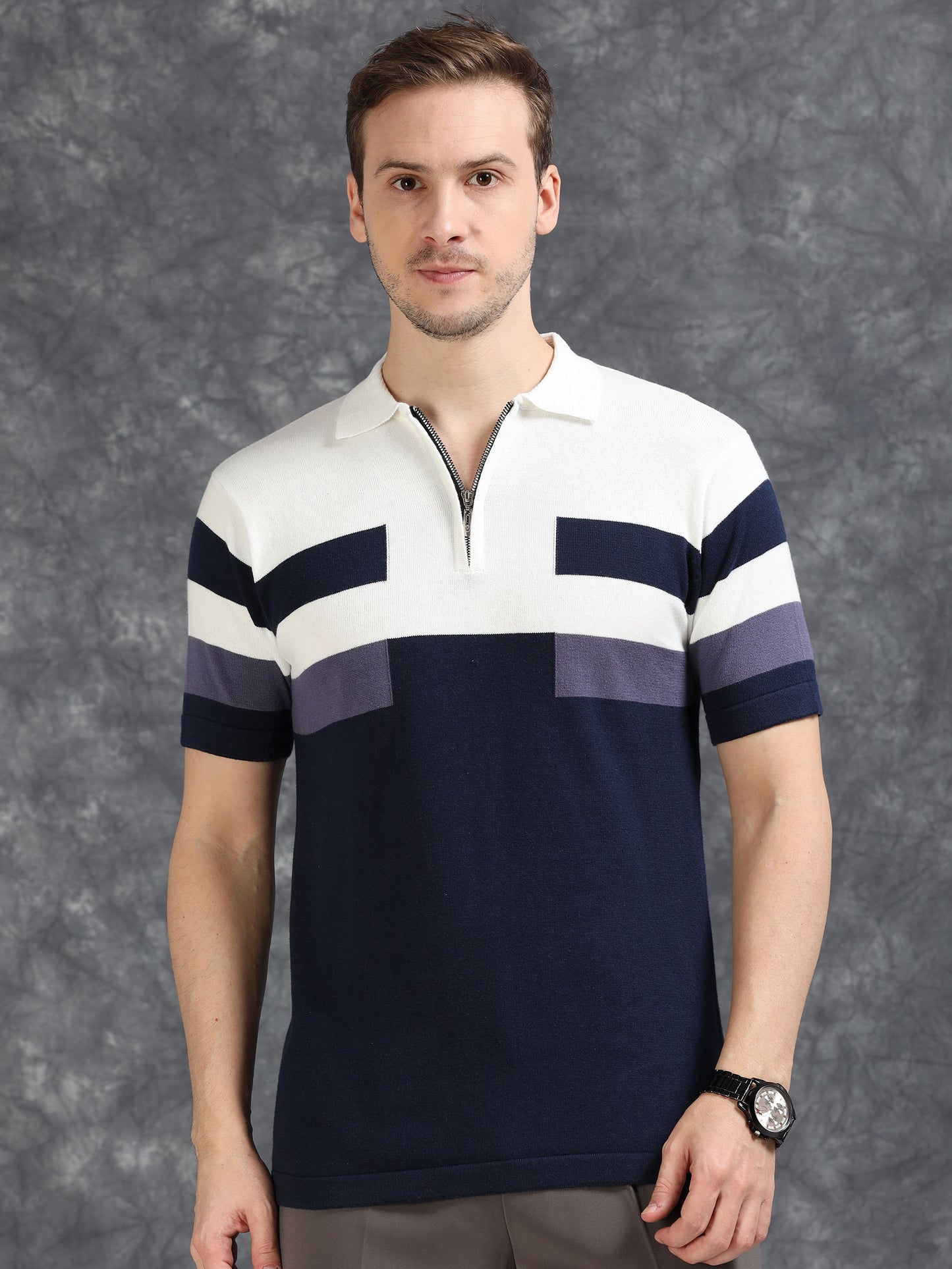 Navy and White Pannel Design Polo T-shirt