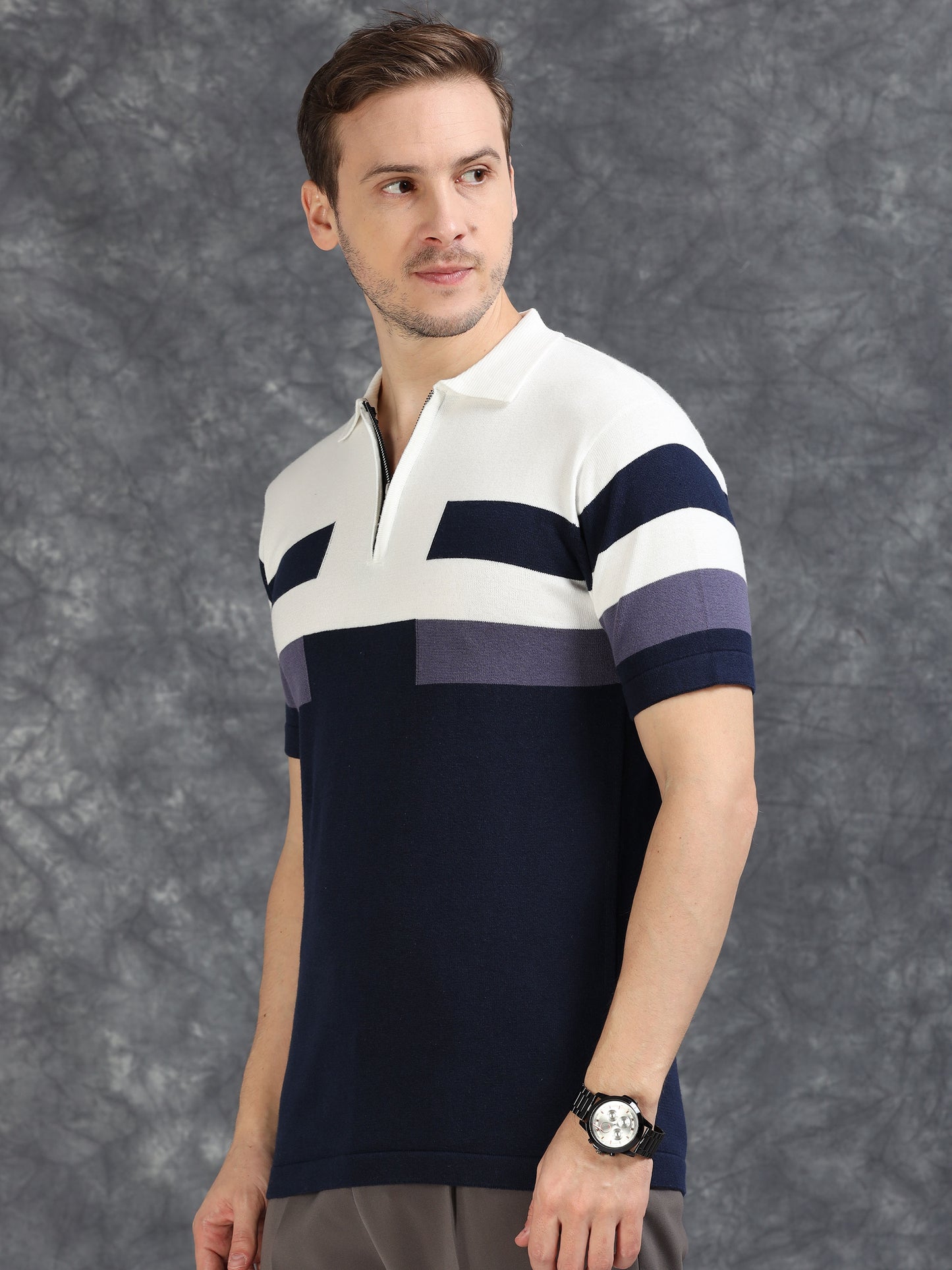 Navy and White Pannel Design Polo T-shirt