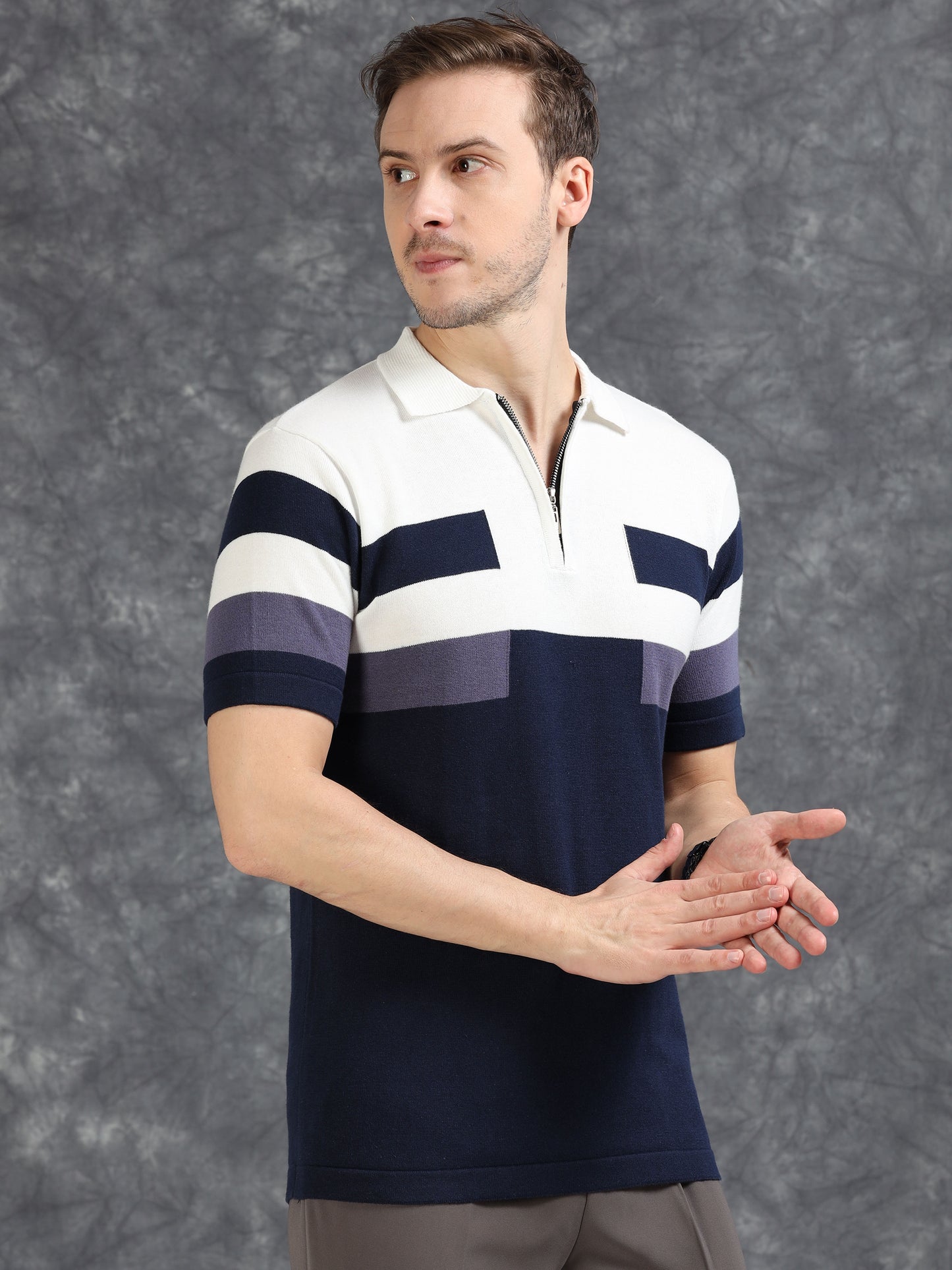 Navy and White Pannel Design Polo T-shirt