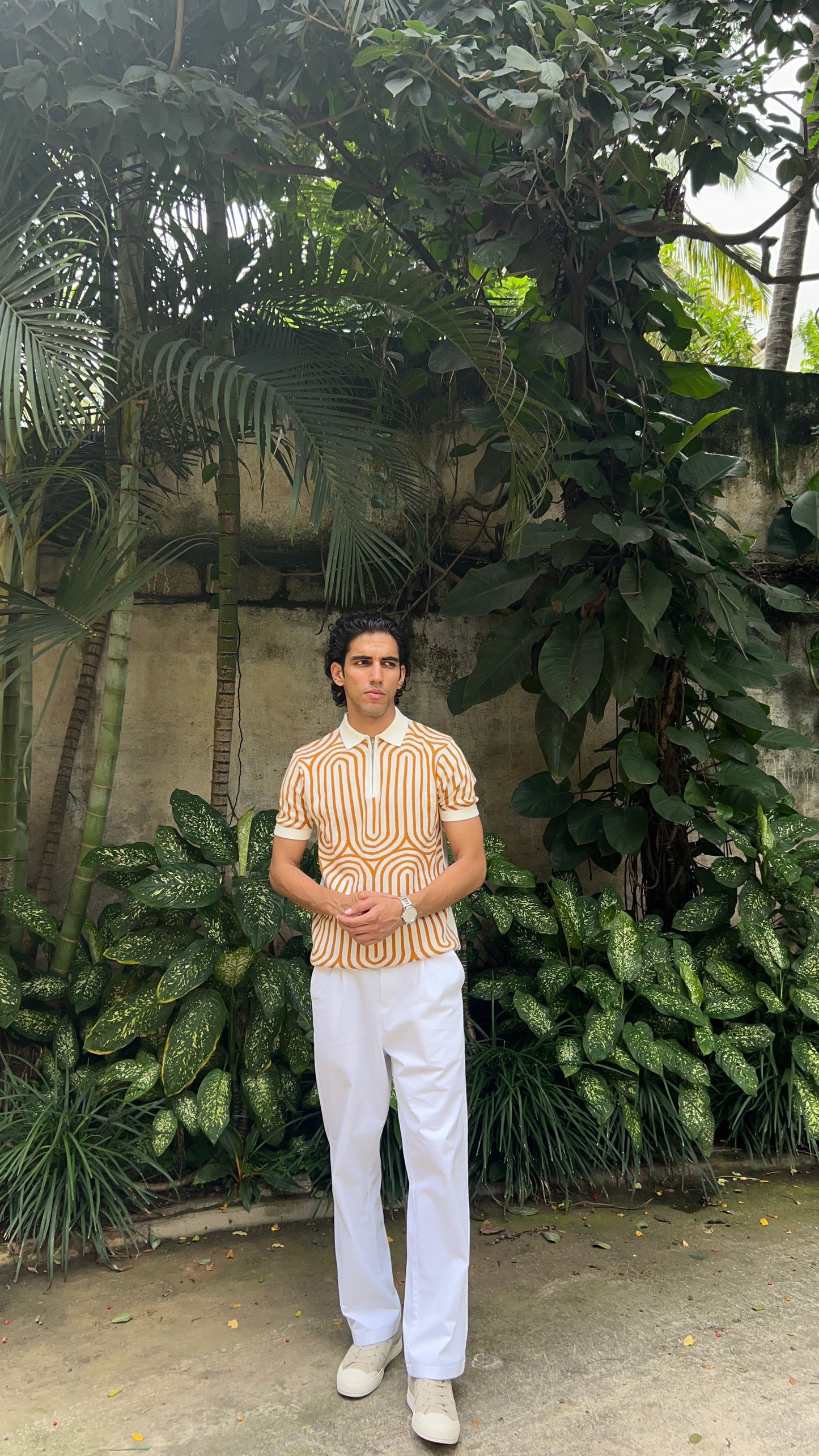 Regular Fit Geometric Pattern Polo T-Shirt - White & Mustard