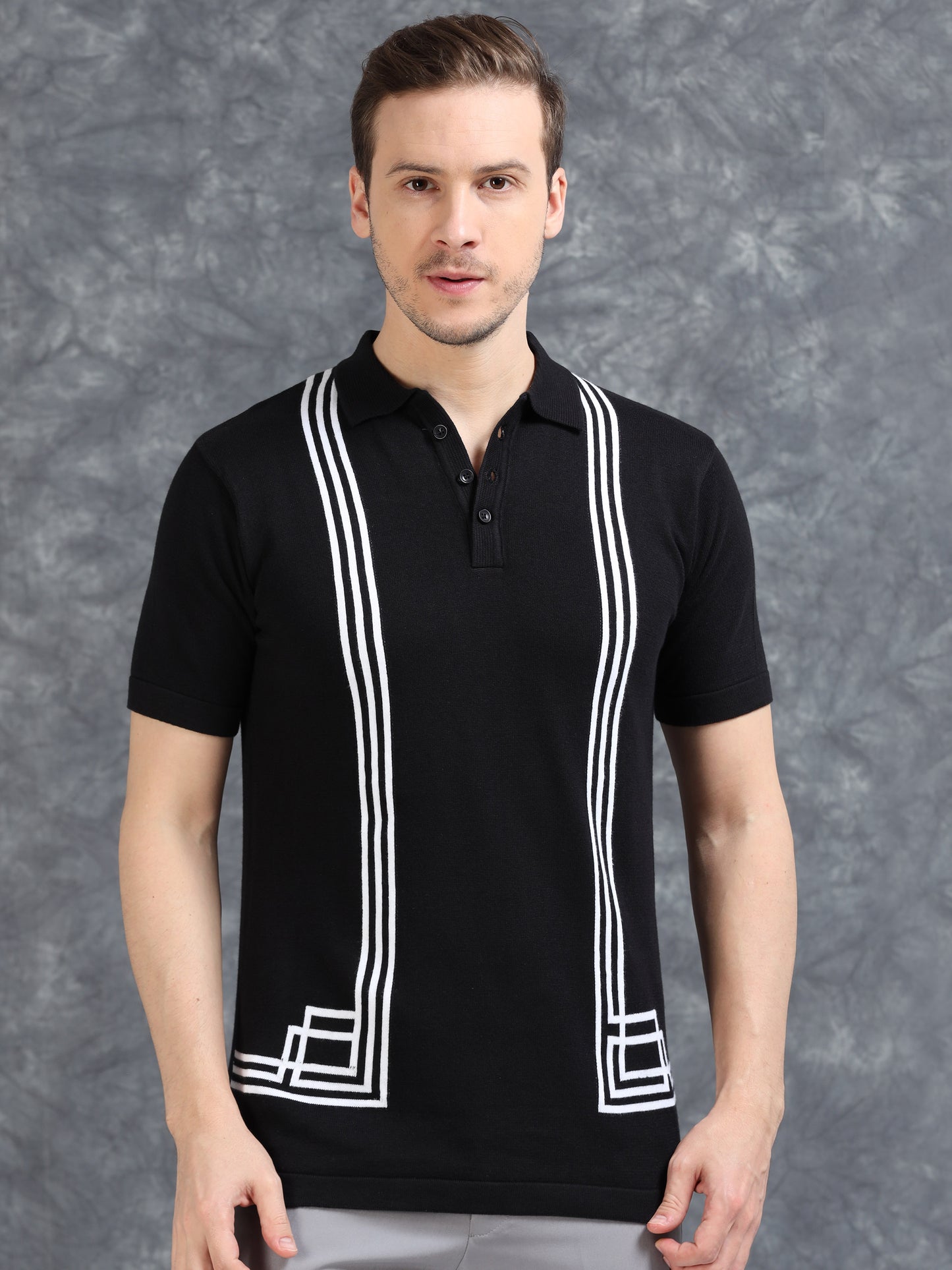 Boxy Line Design Polo T-Shirt - Black