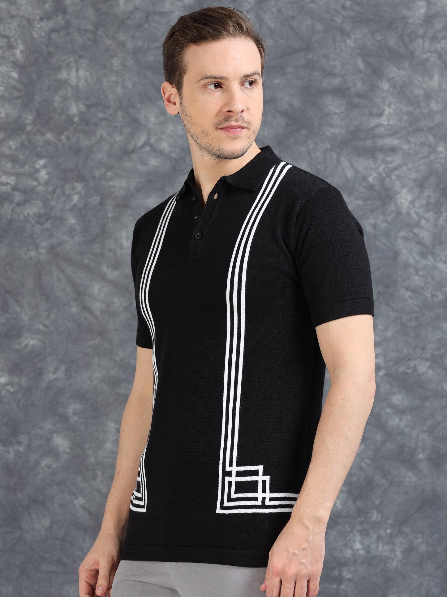 Boxy Line Design Polo T-Shirt - Black