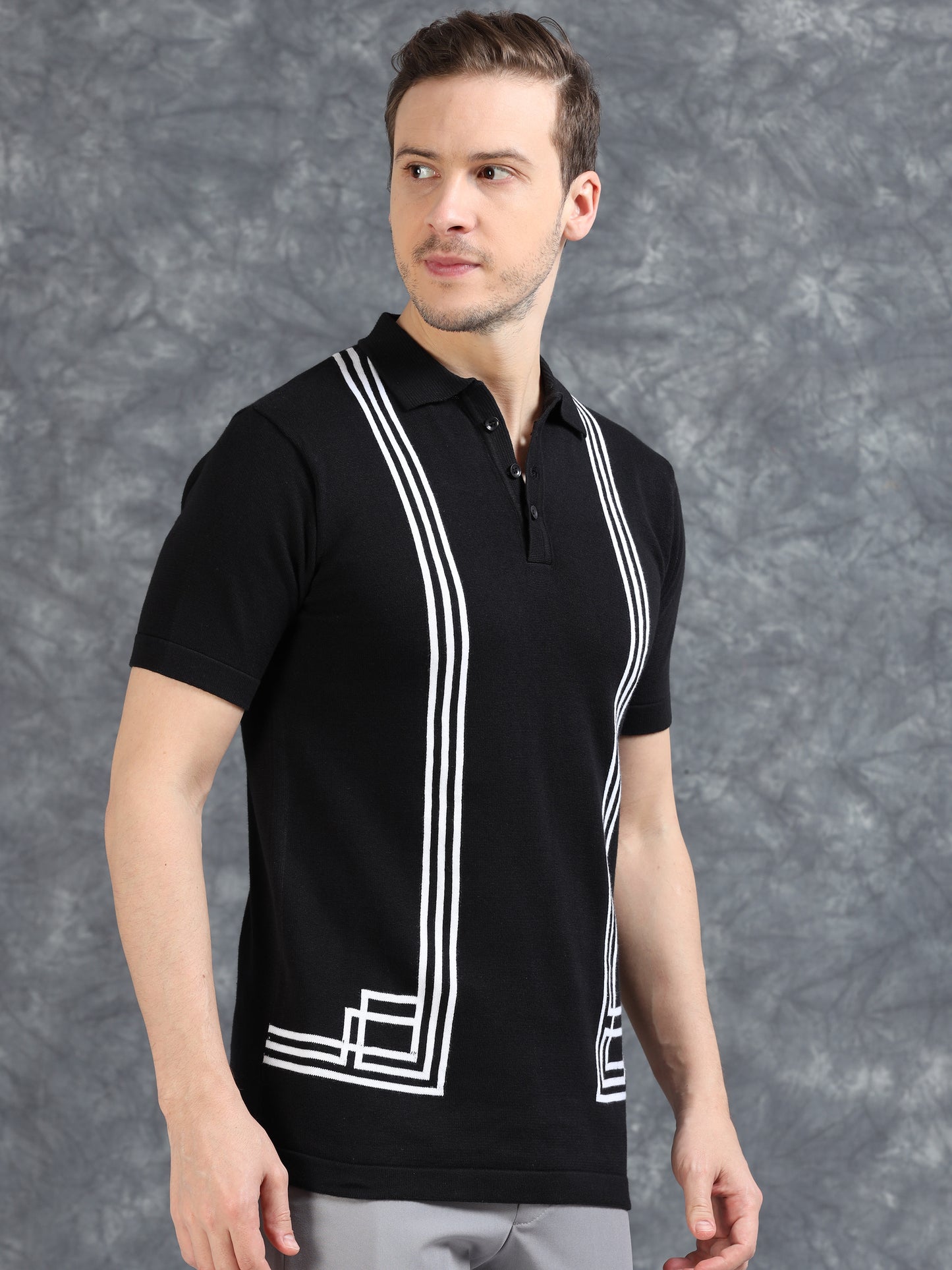 Boxy Line Design Polo T-Shirt - Black