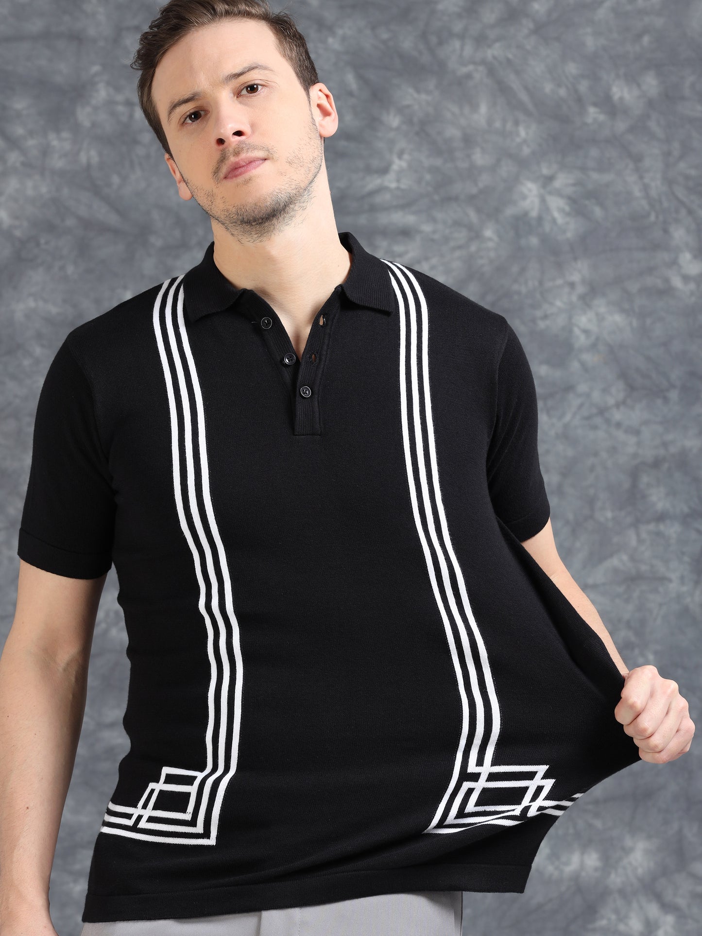 Boxy Line Design Polo T-Shirt - Black