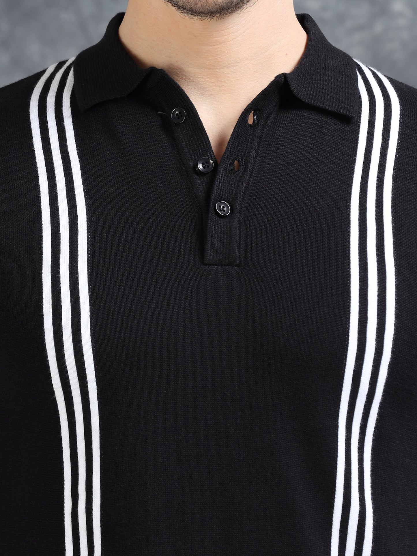 Boxy Line Design Polo T-Shirt - Black