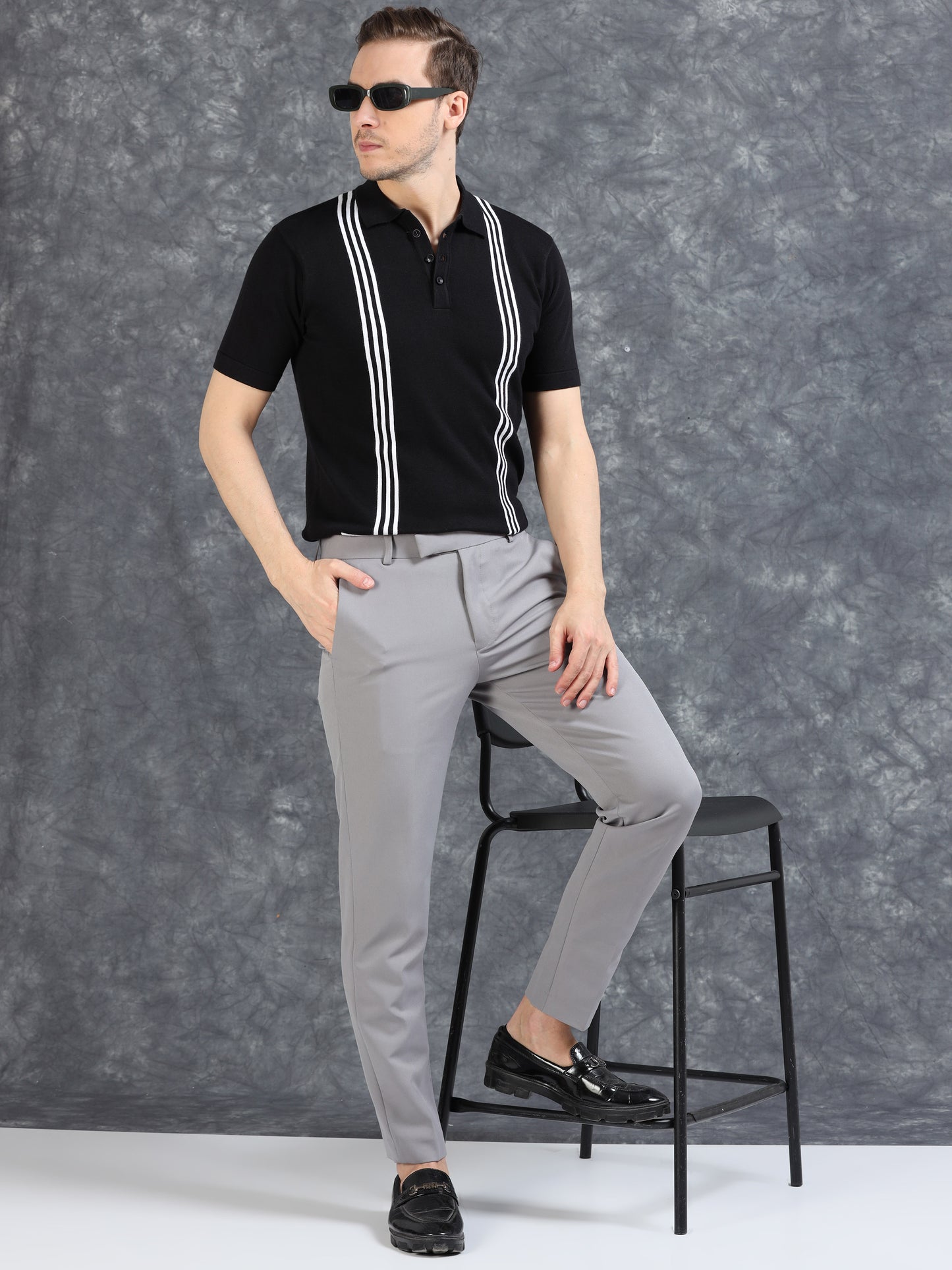 Boxy Line Design Polo T-Shirt - Black