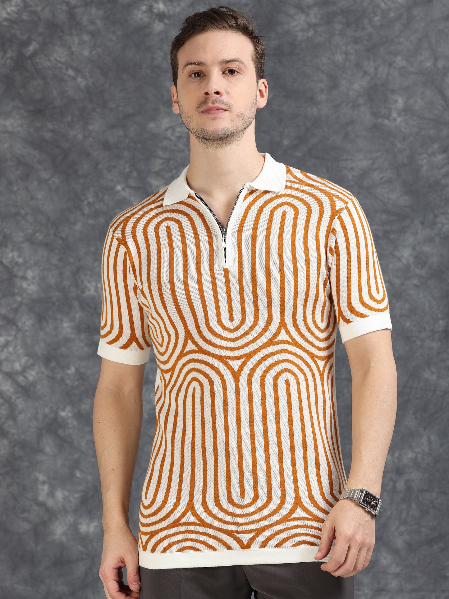 Mustard Curve Lines Design Polo T-shirt