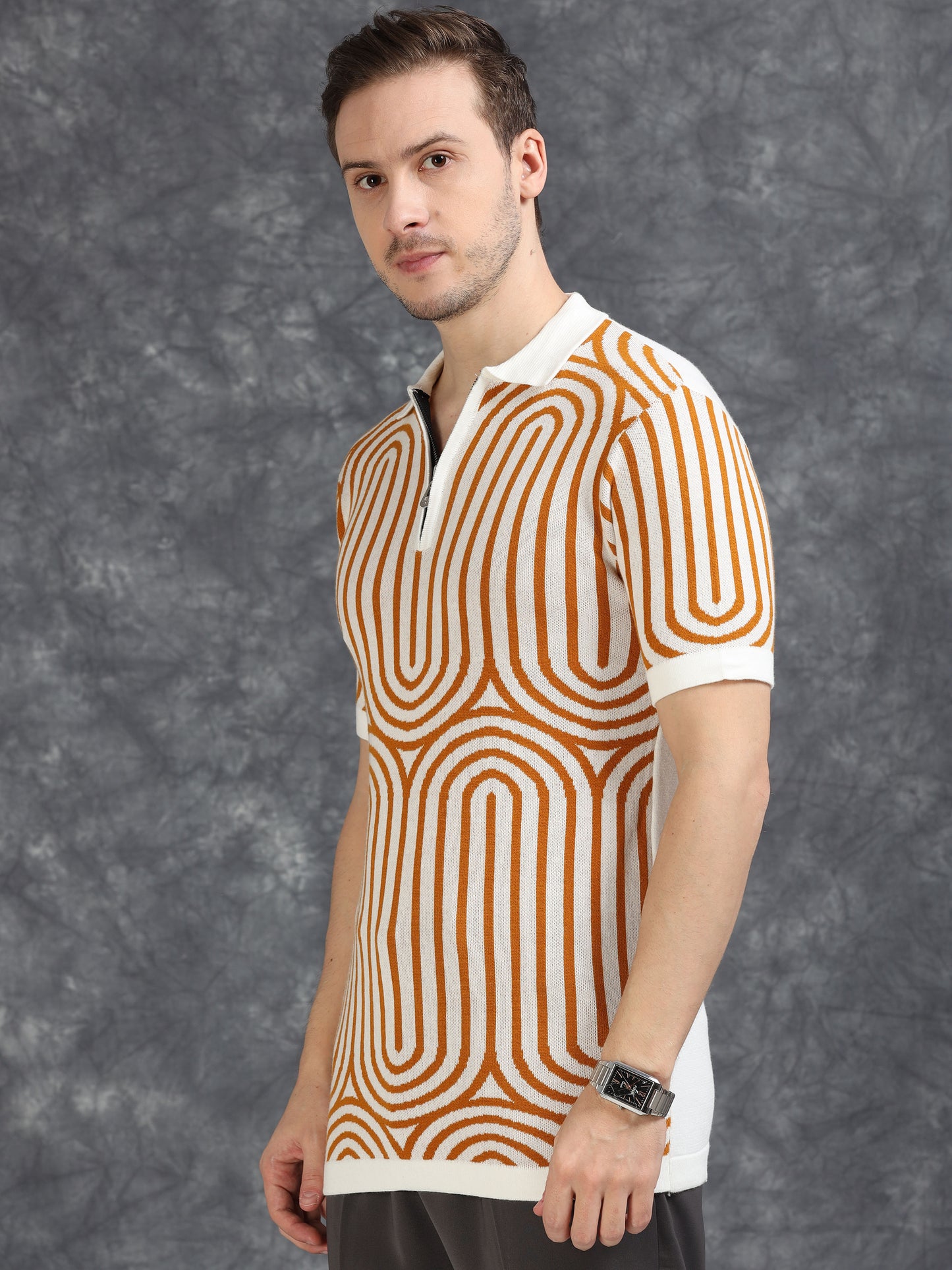 Mustard Curve Lines Design Polo T-shirt