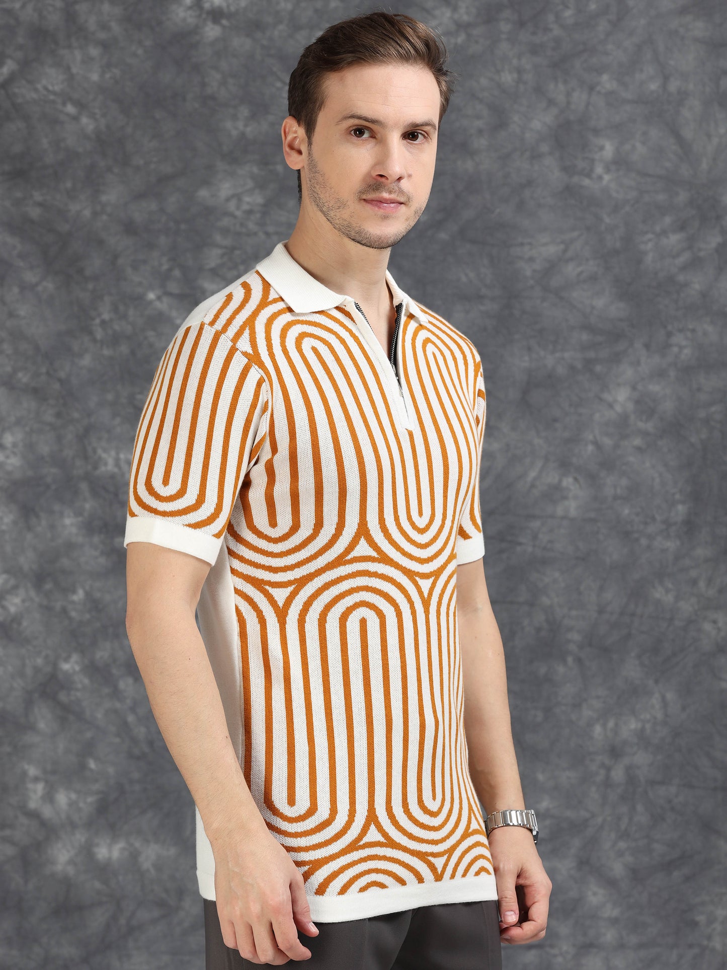 Mustard Curve Lines Design Polo T-shirt