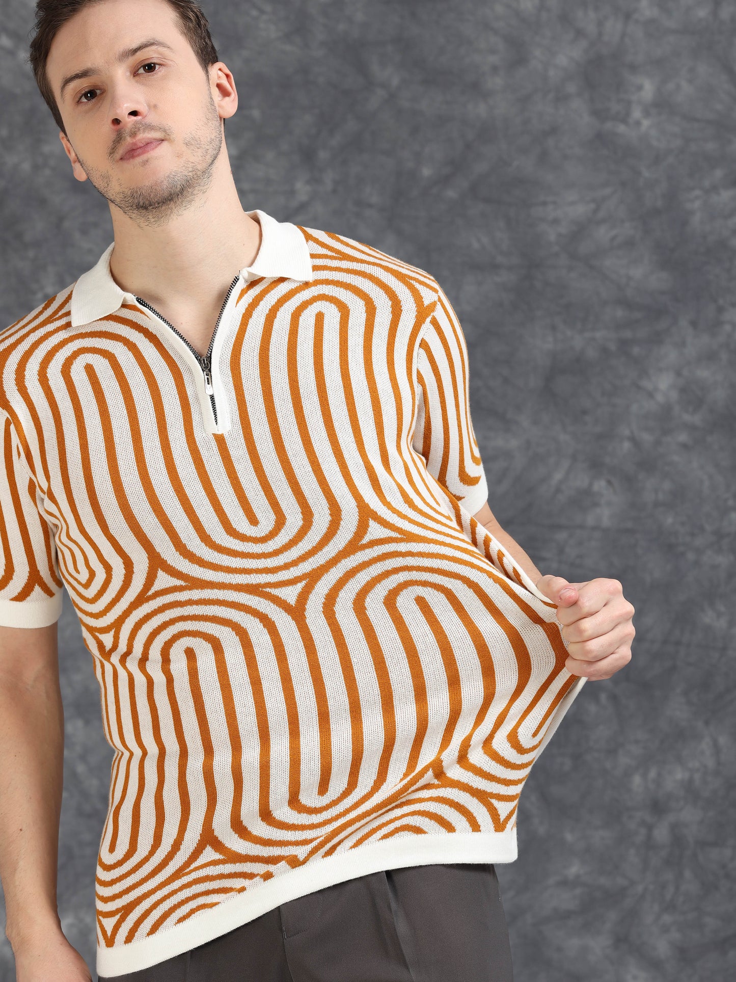 Mustard Curve Lines Design Polo T-shirt