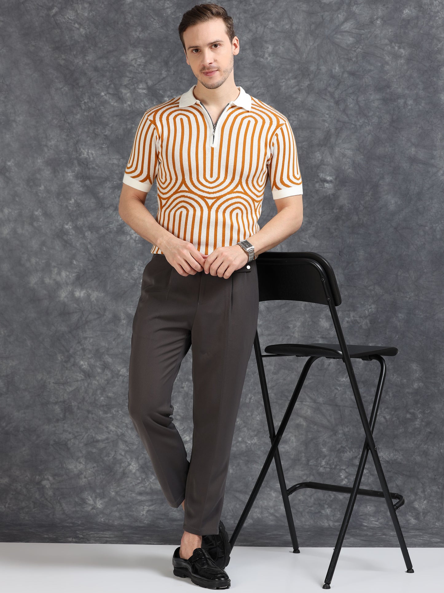 Mustard Curve Lines Design Polo T-shirt