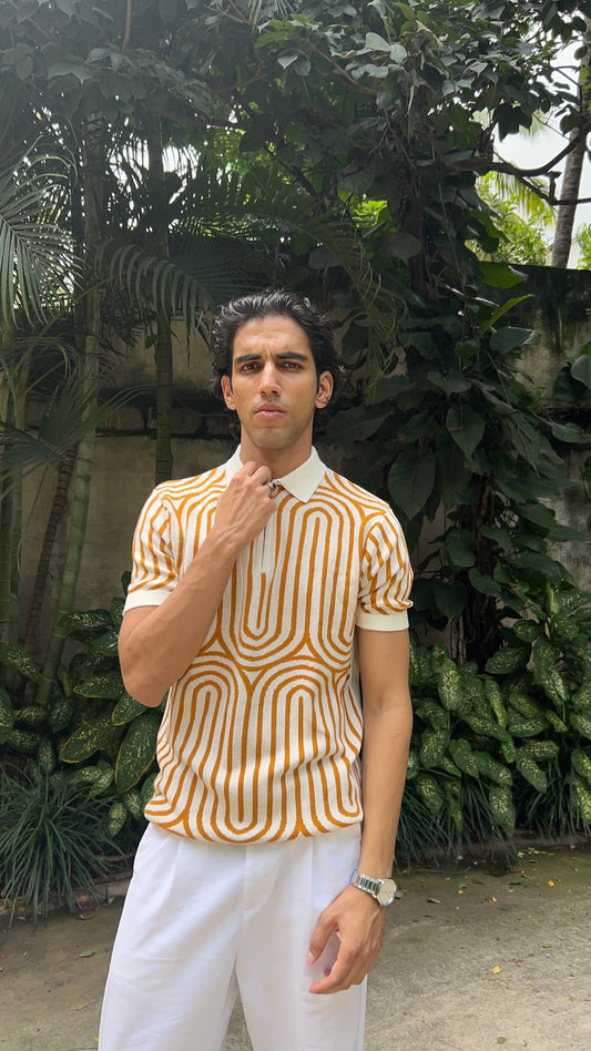 Regular Fit Geometric Pattern Polo T-Shirt - White & Mustard