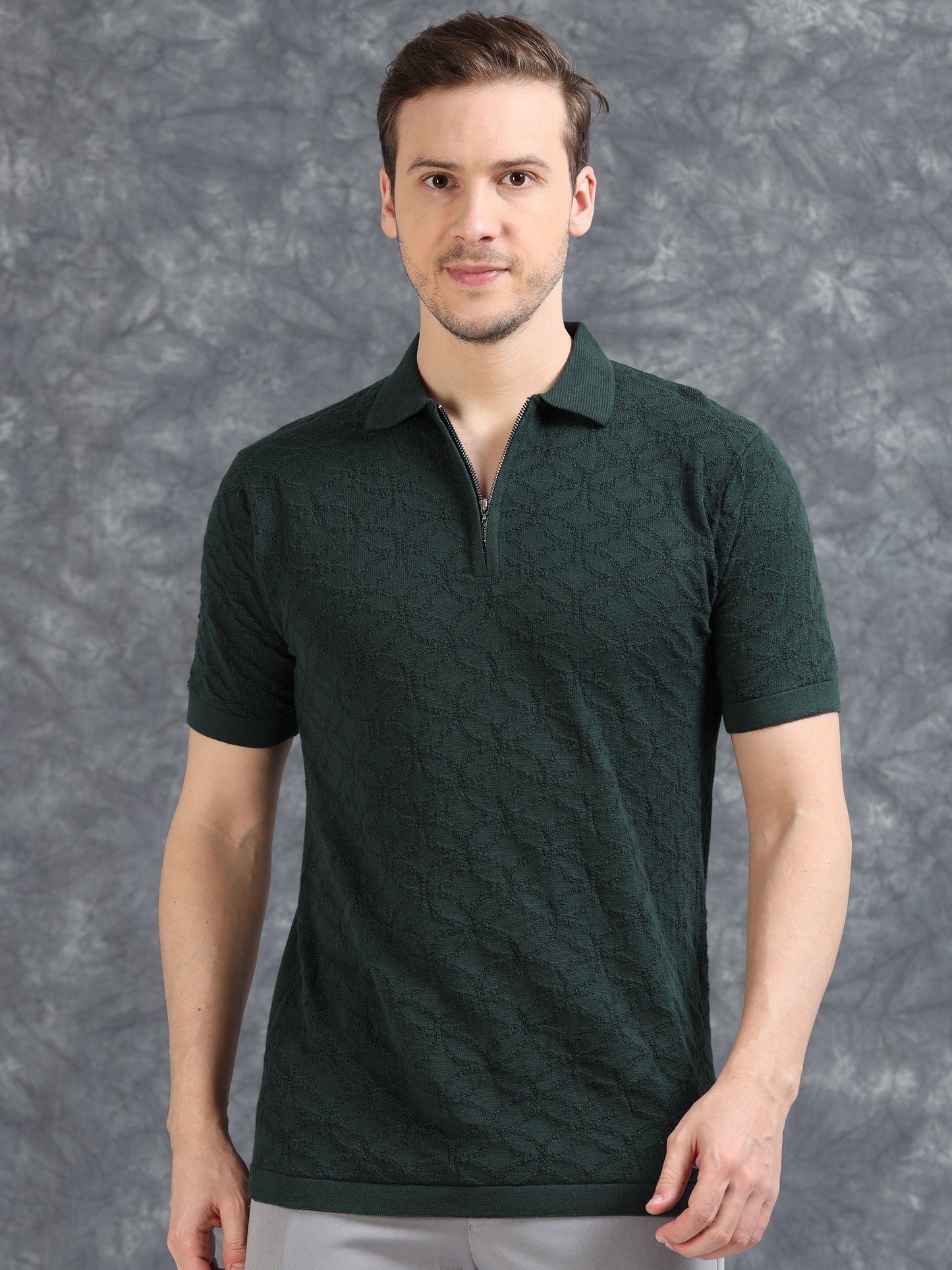 Ribbed Design Zipper Polo T-Shirt- Dark Green