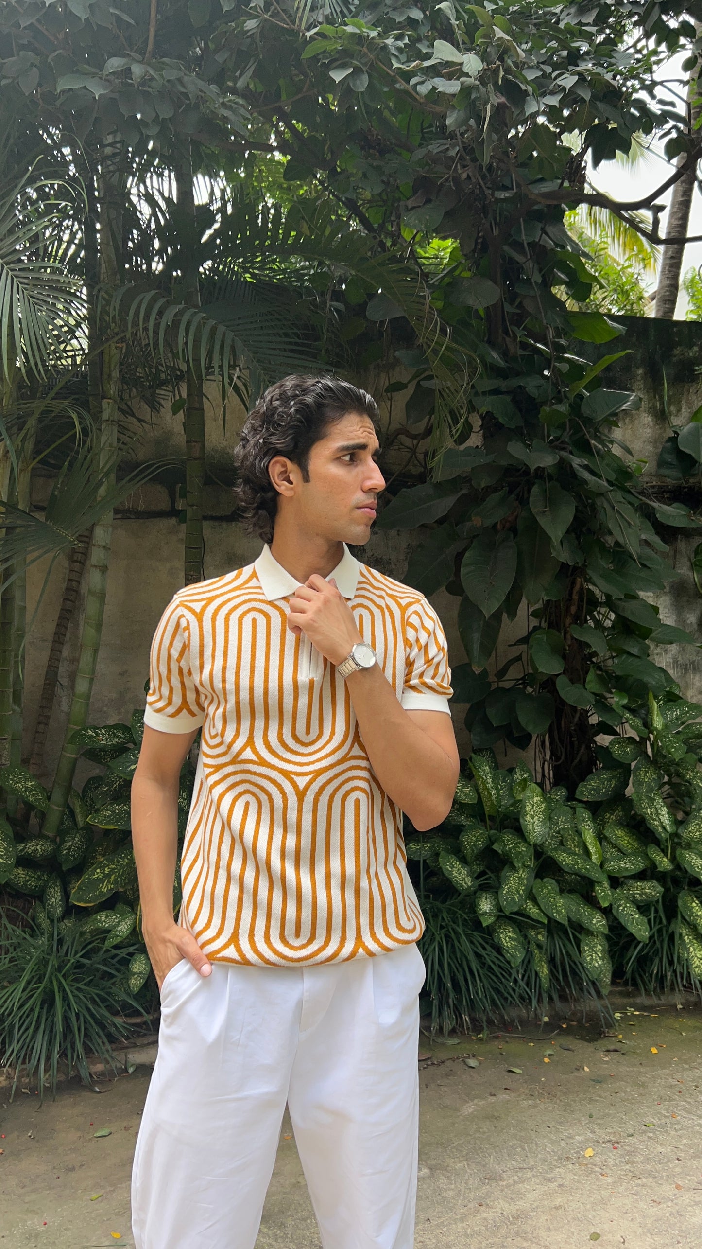 Regular Fit Geometric Pattern Polo T-Shirt - White & Mustard