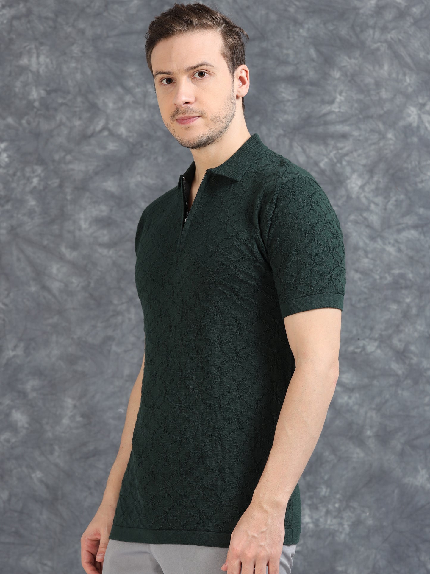 Ribbed Design Zipper Polo T-Shirt- Dark Green