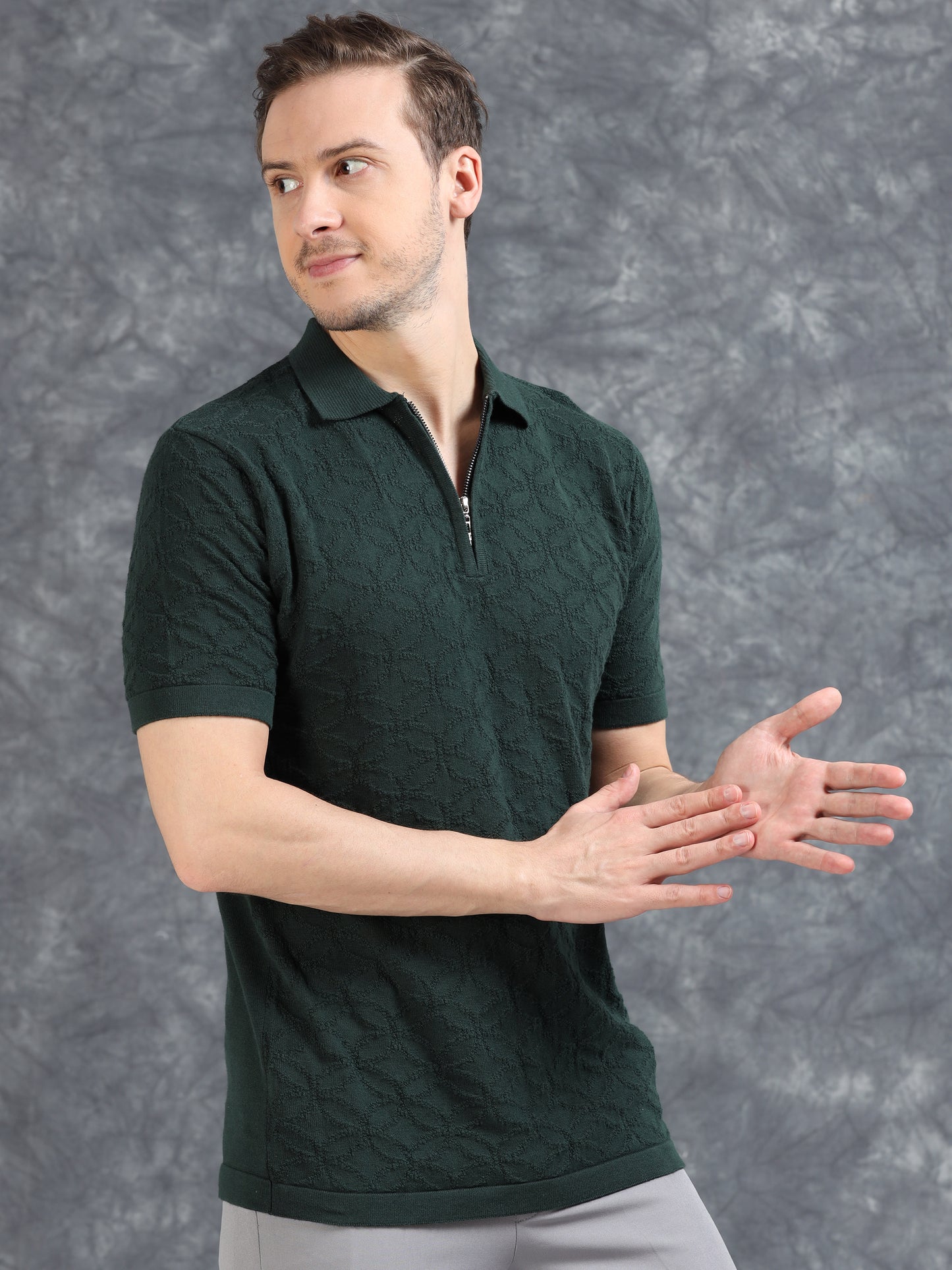 Ribbed Design Zipper Polo T-Shirt- Dark Green