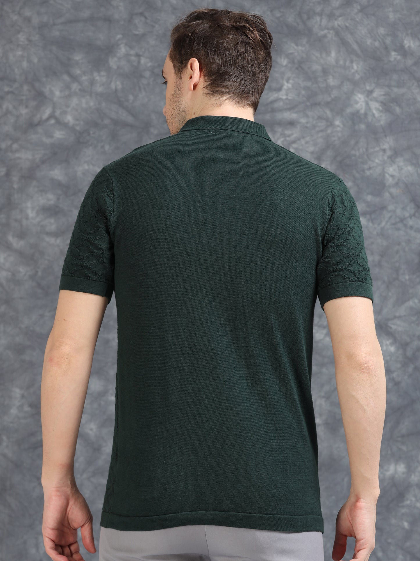 Ribbed Design Zipper Polo T-Shirt- Dark Green