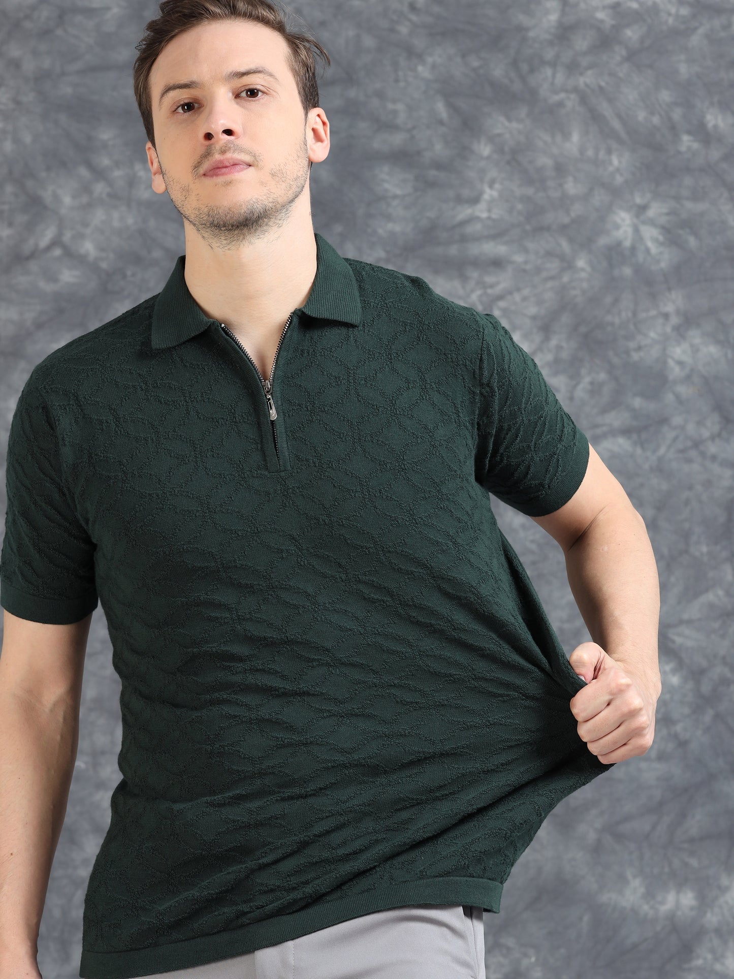 Ribbed Design Zipper Polo T-Shirt- Dark Green